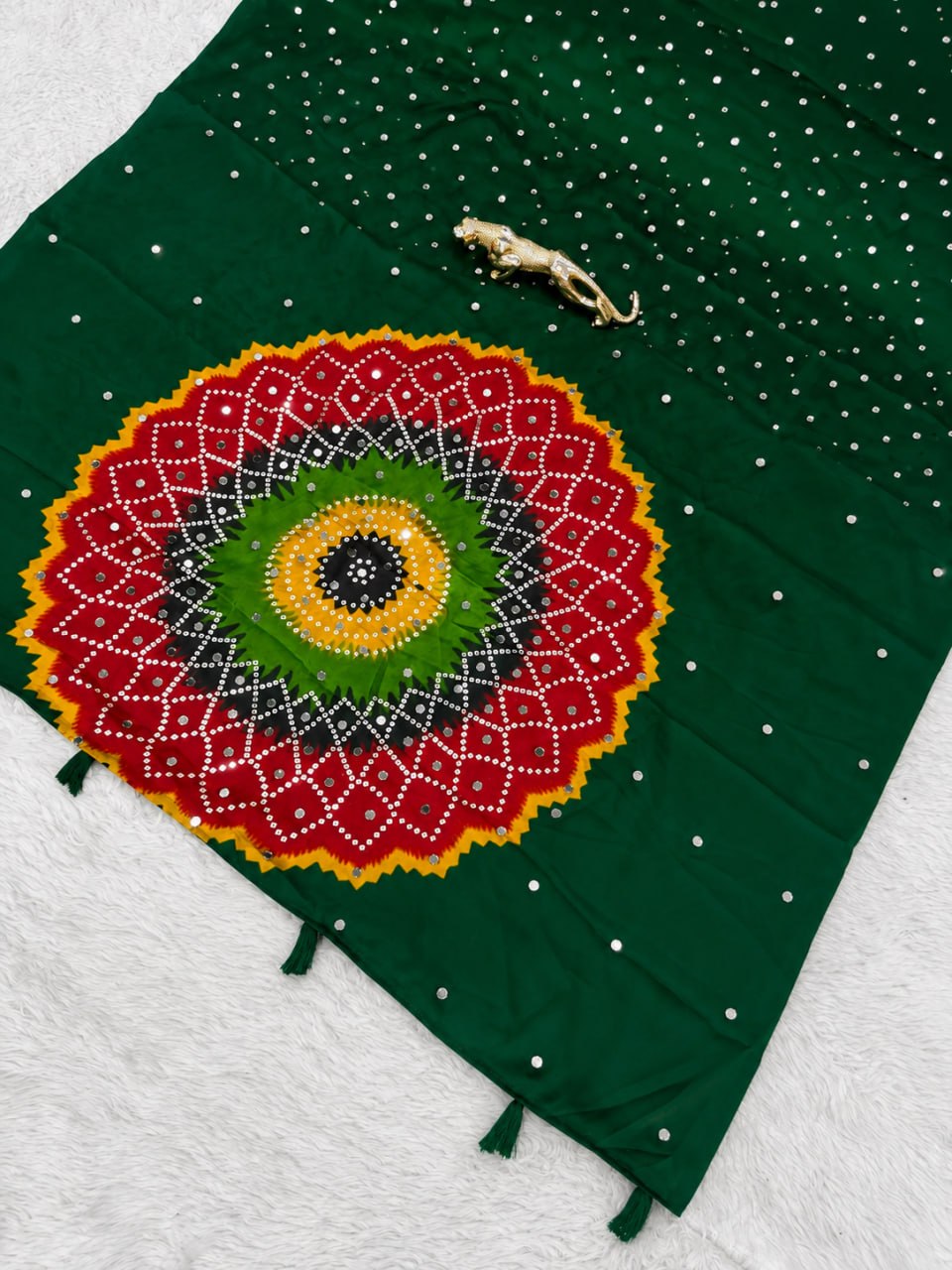 Bottle Green Japan Satin Mirror Work Saree with Multicolor Mandala Design