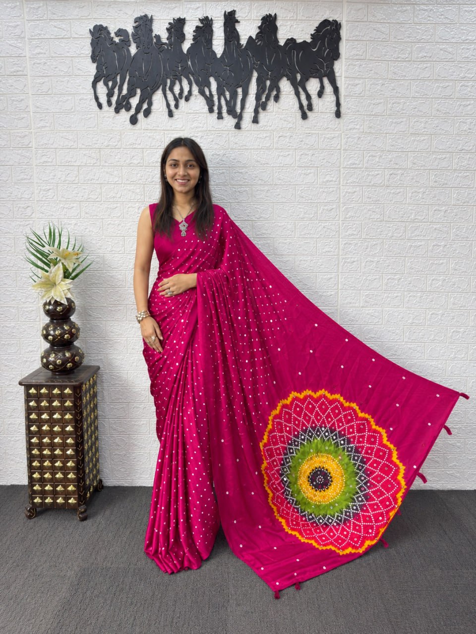 Fuchsia Pink Japan Satin Mirror Work Saree with Multicolor Mandala Design