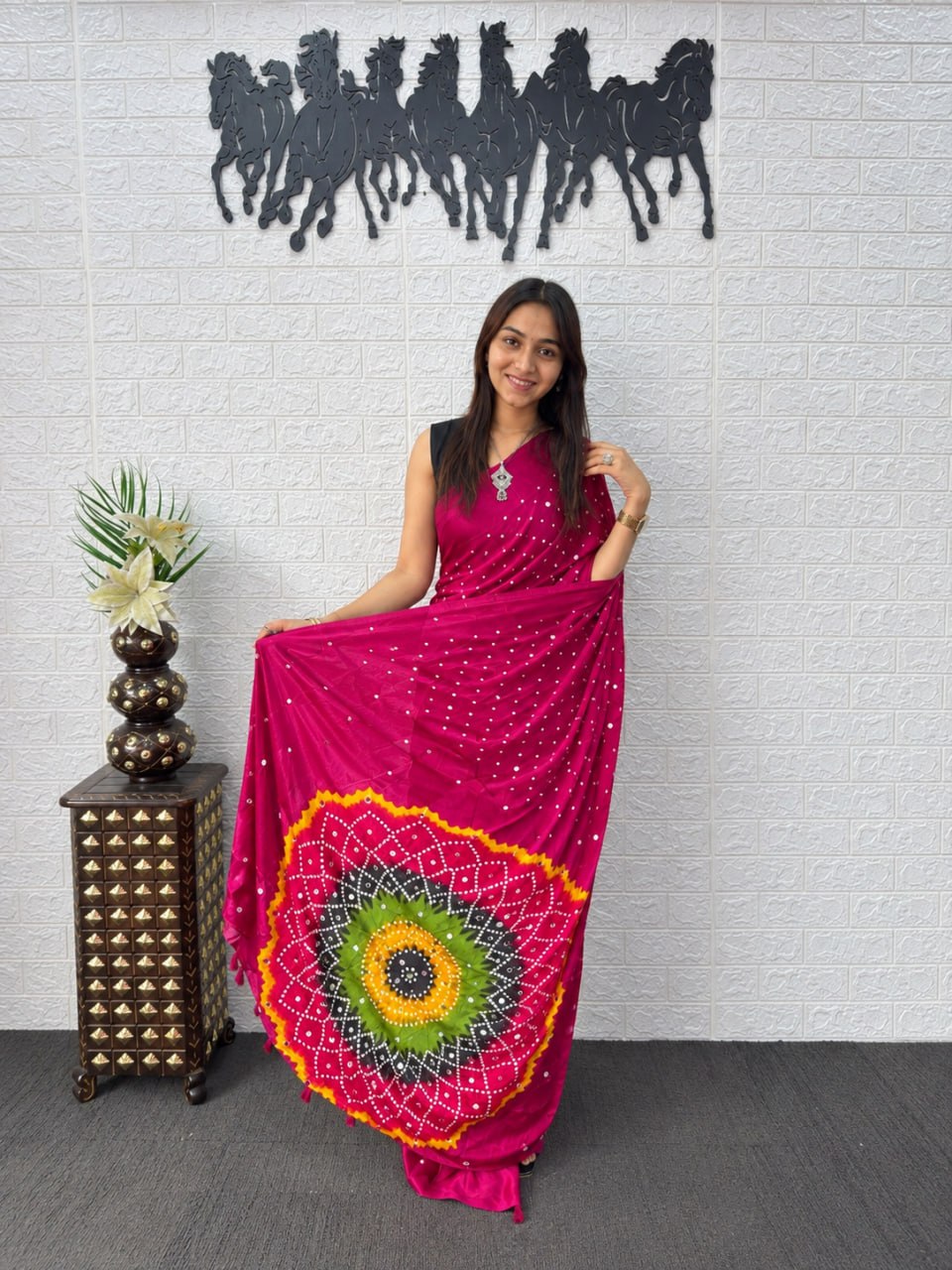 Fuchsia Pink Japan Satin Mirror Work Saree with Multicolor Mandala Design