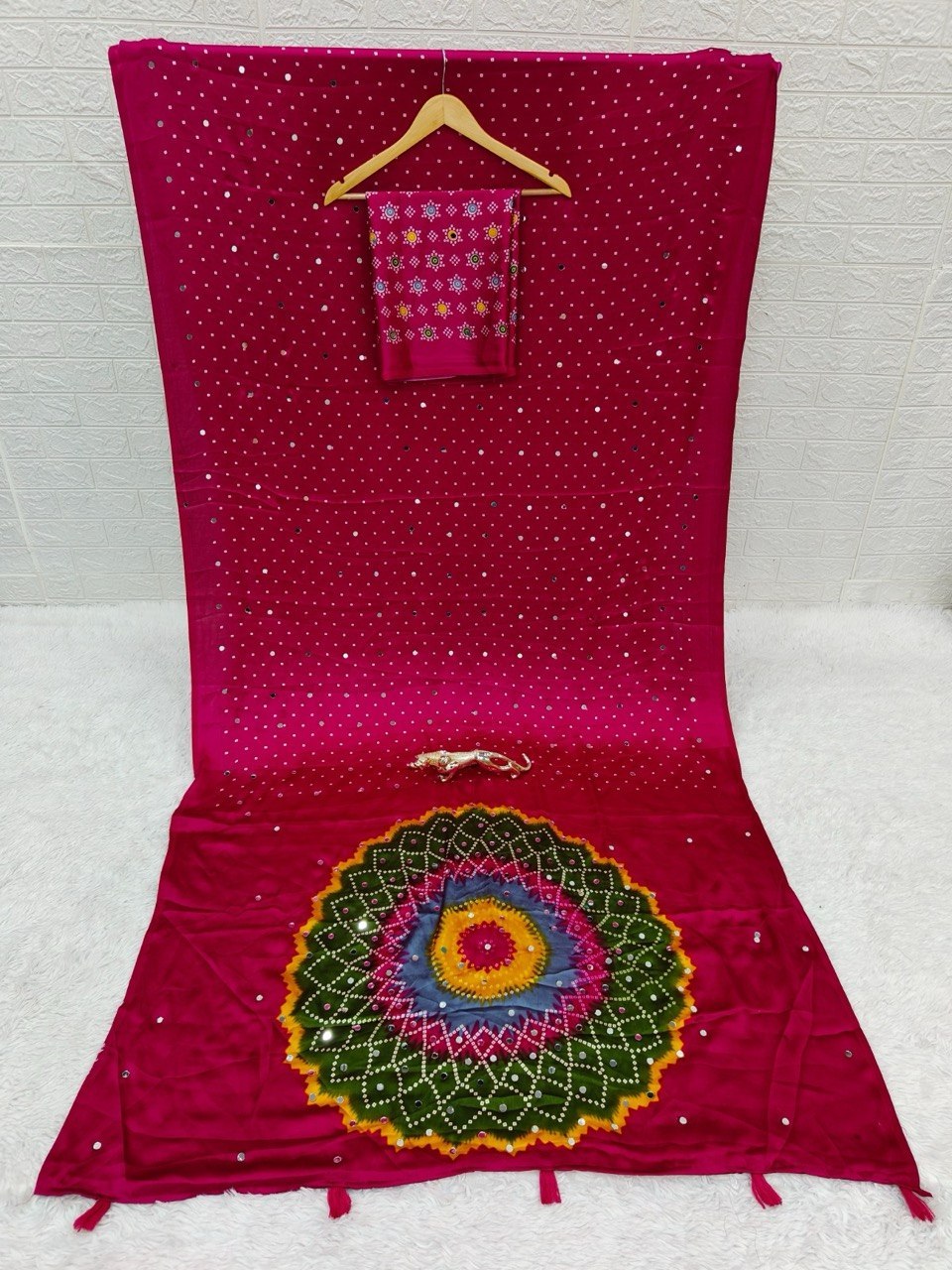 Fuchsia Pink Japan Satin Mirror Work Saree with Multicolor Mandala Design
