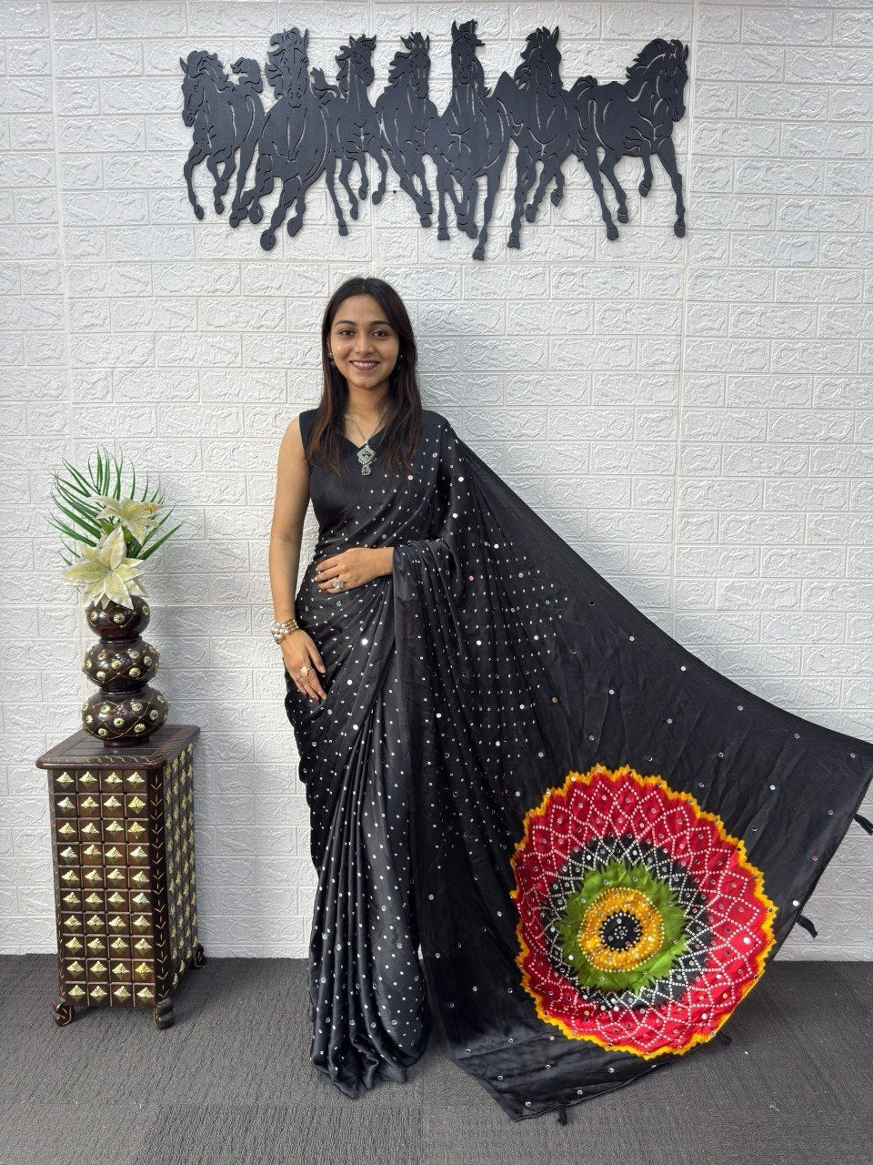 Black Japan Satin Mirror Work Saree with Multicolor Mandala Design