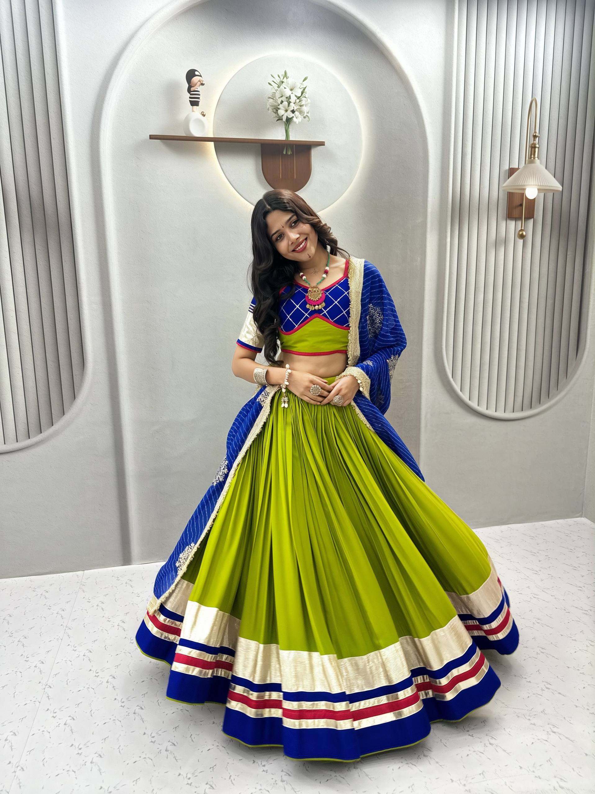 Parrot Green & Royal Blue Navratri Cotton Lehenga Choli with Vintage Georgette Dupatta