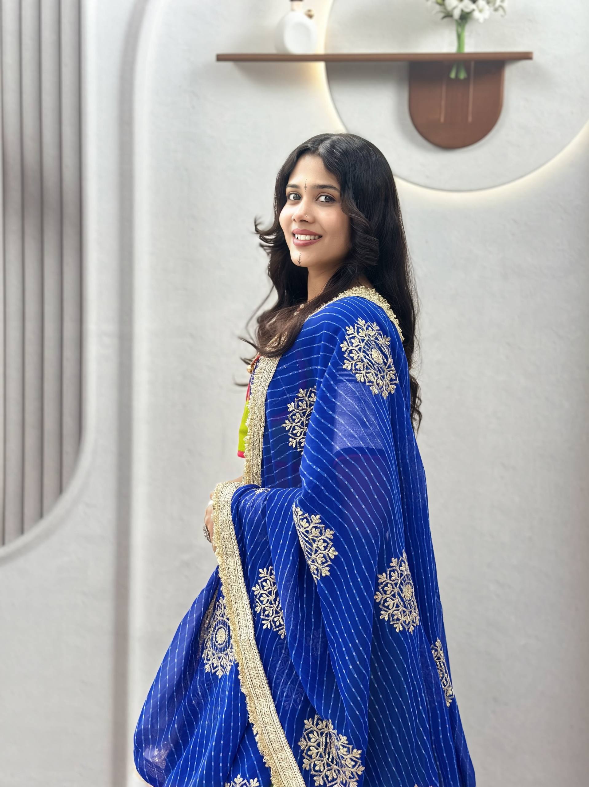 Parrot Green & Royal Blue Navratri Cotton Lehenga Choli with Vintage Georgette Dupatta