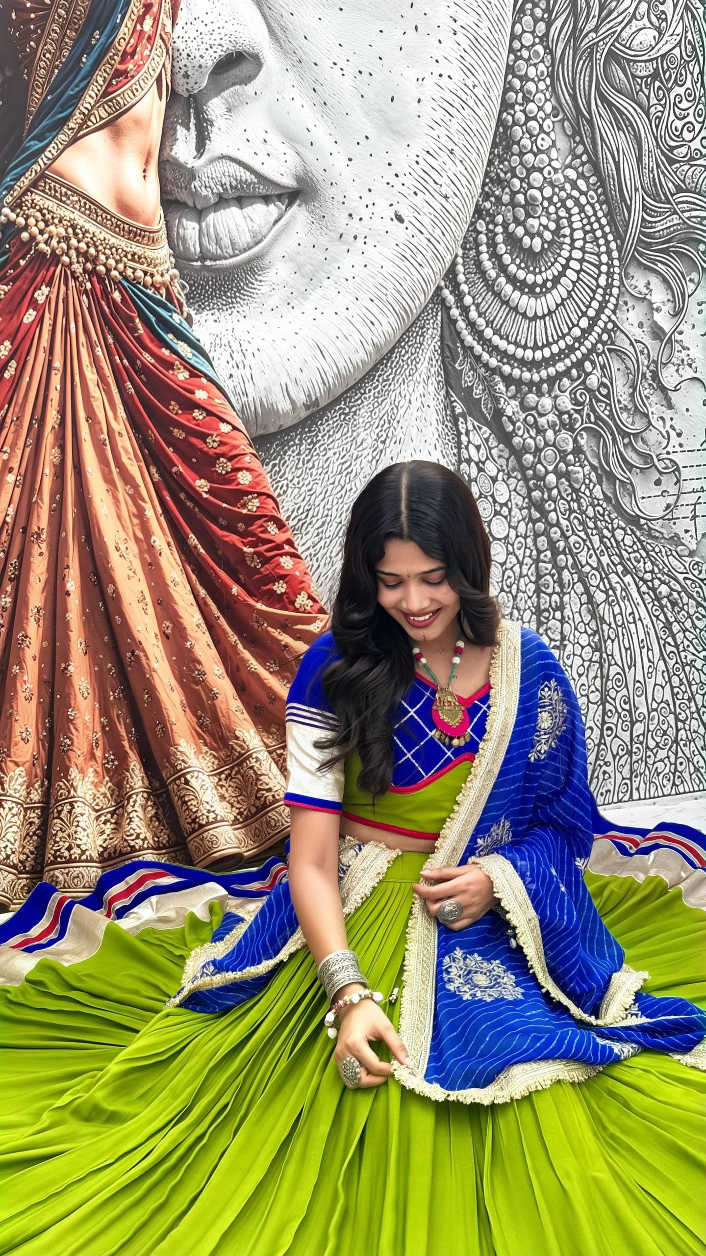 Parrot Green & Royal Blue Navratri Cotton Lehenga Choli with Vintage Georgette Dupatta