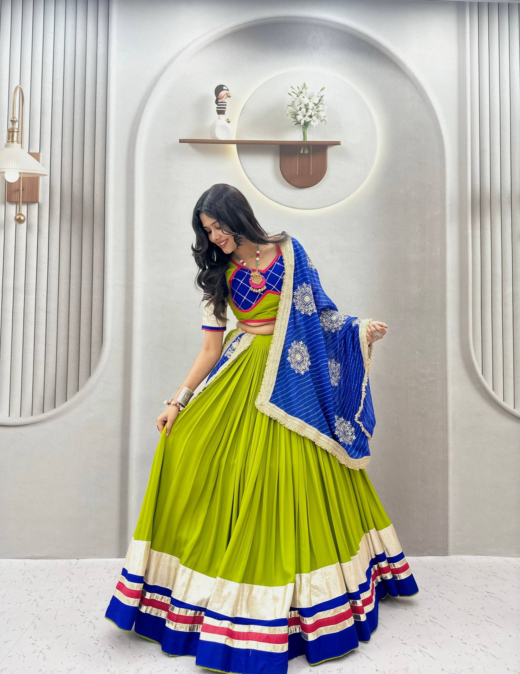 Parrot Green & Royal Blue Navratri Cotton Lehenga Choli with Vintage Georgette Dupatta