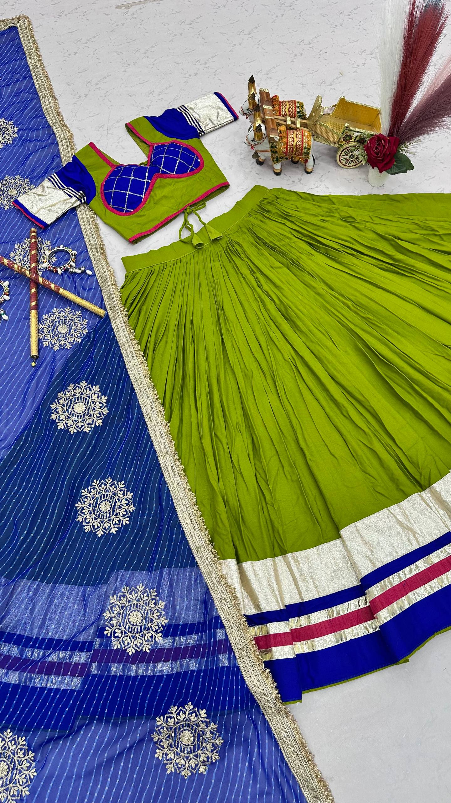 Parrot Green & Royal Blue Navratri Cotton Lehenga Choli with Vintage Georgette Dupatta