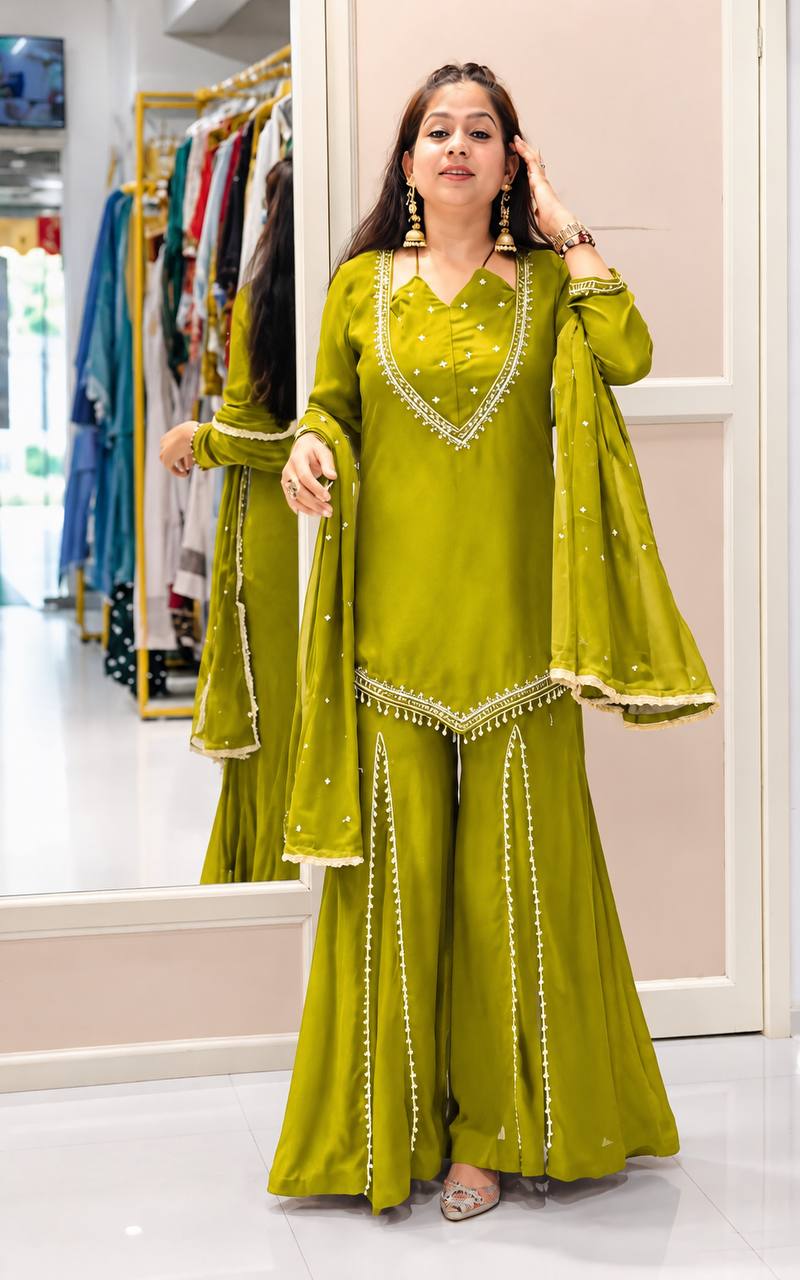 Lime Green Roman Glass Mirror Work Palazzo Suit Set with Chanderi Dupatta