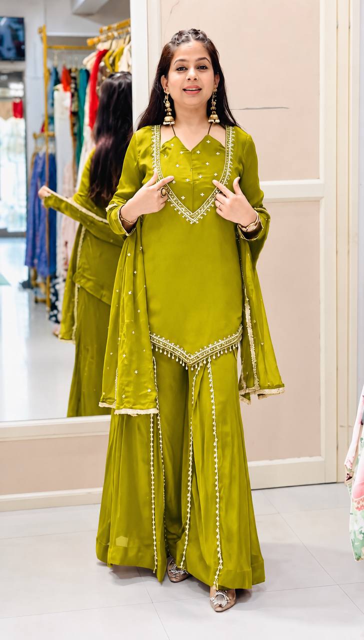 Lime Green Roman Glass Mirror Work Palazzo Suit Set with Chanderi Dupatta