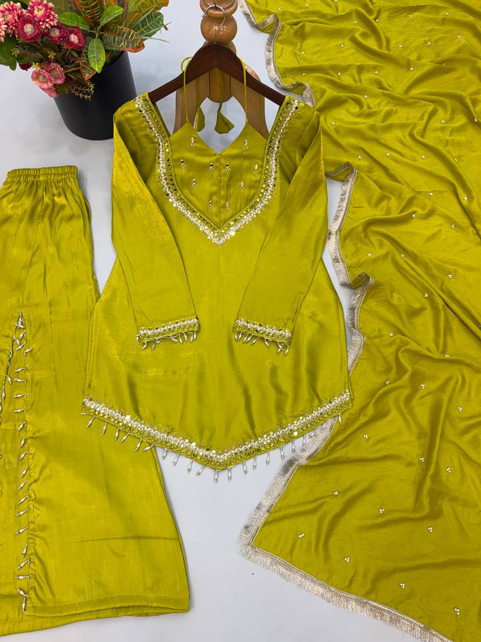 Lime Green Roman Glass Mirror Work Palazzo Suit Set with Chanderi Dupatta