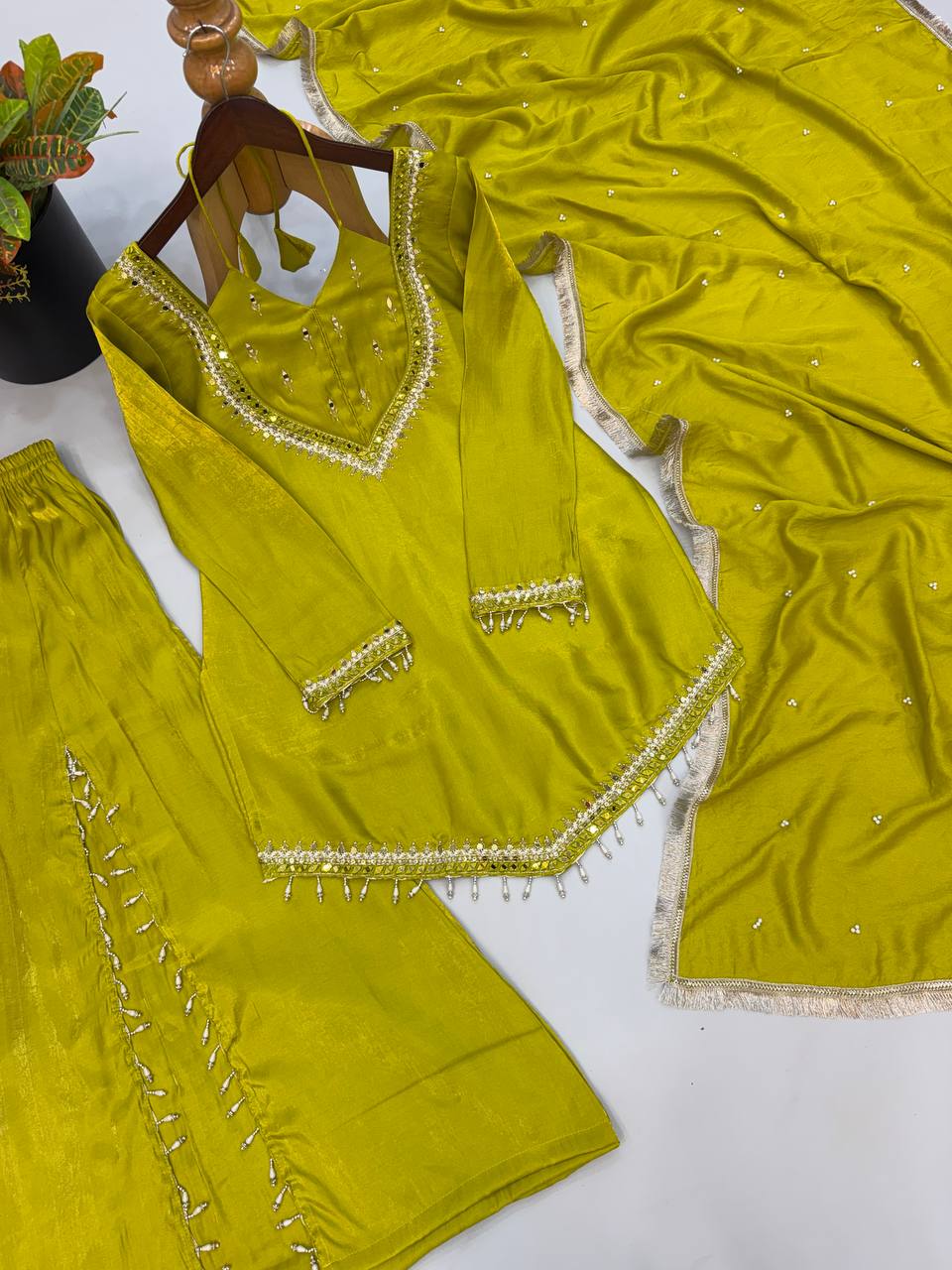 Lime Green Roman Glass Mirror Work Palazzo Suit Set with Chanderi Dupatta