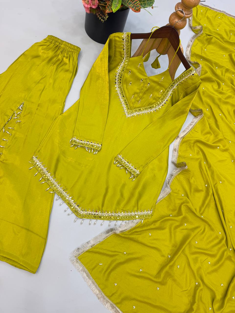 Lime Green Roman Glass Mirror Work Palazzo Suit Set with Chanderi Dupatta