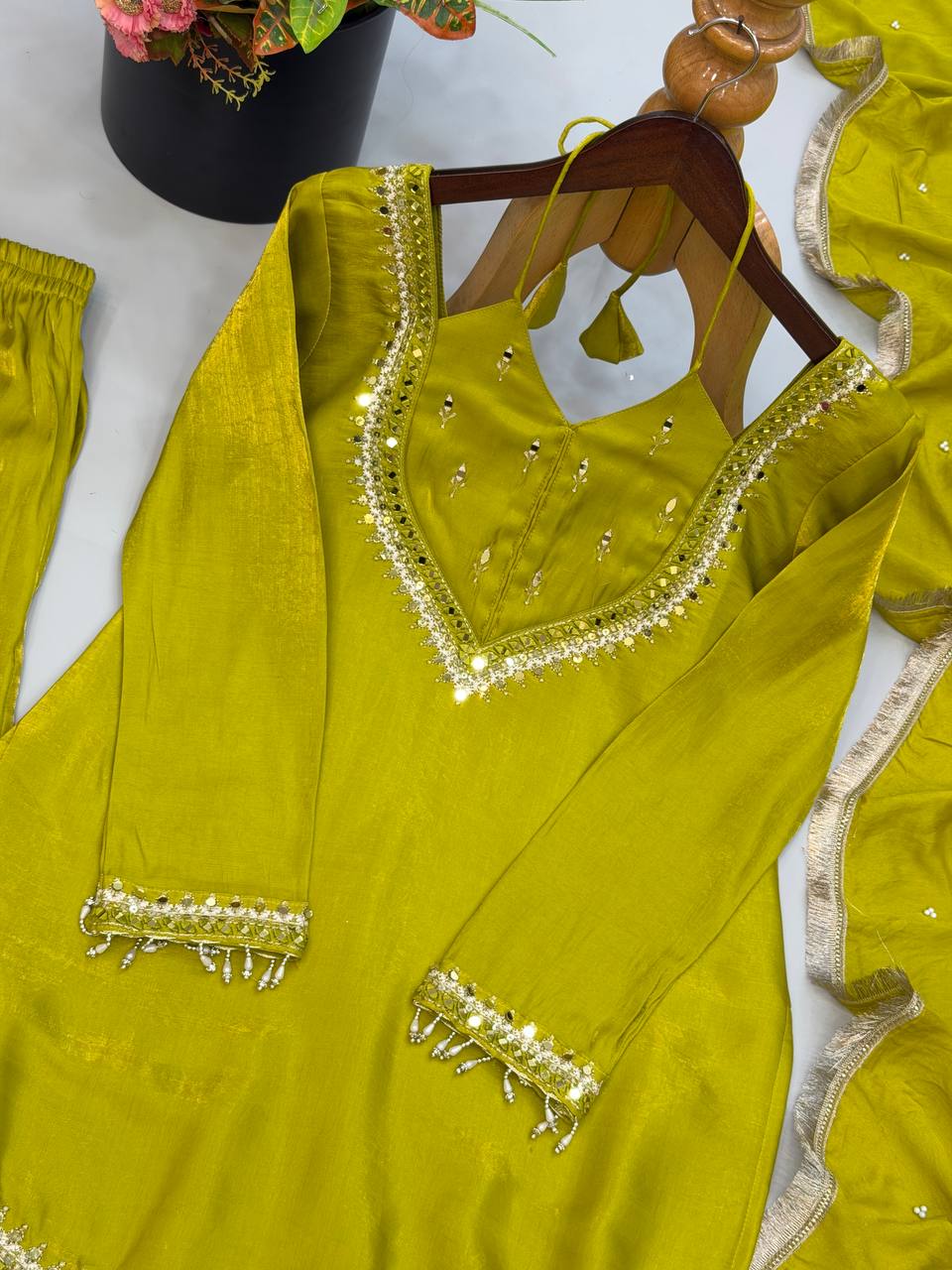 Lime Green Roman Glass Mirror Work Palazzo Suit Set with Chanderi Dupatta