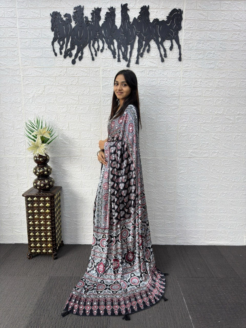 Black Multicolor Japan Satin Printed Saree with Real Mirror Work & Azrakh Border