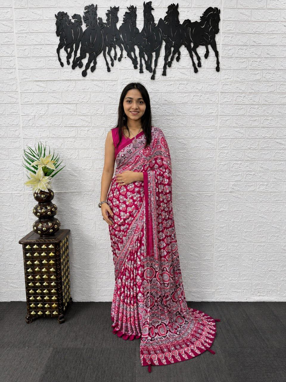 Fuchsia Pink Japan Satin Printed Saree with Real Mirror Work & Azrakh Border
