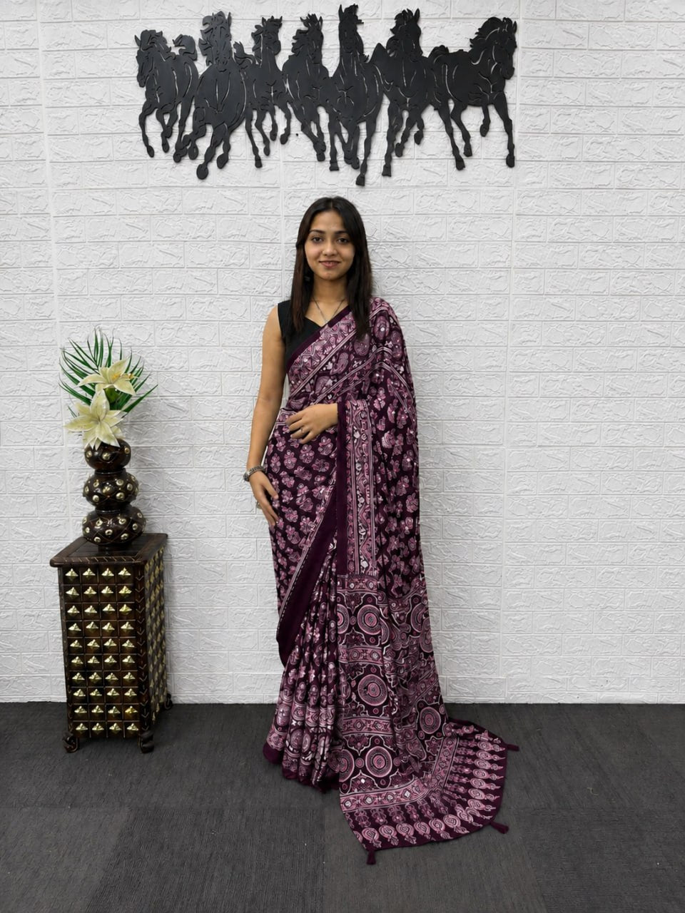 Wine Purple Japan Satin Printed Saree with Real Mirror Work & Azrakh Border