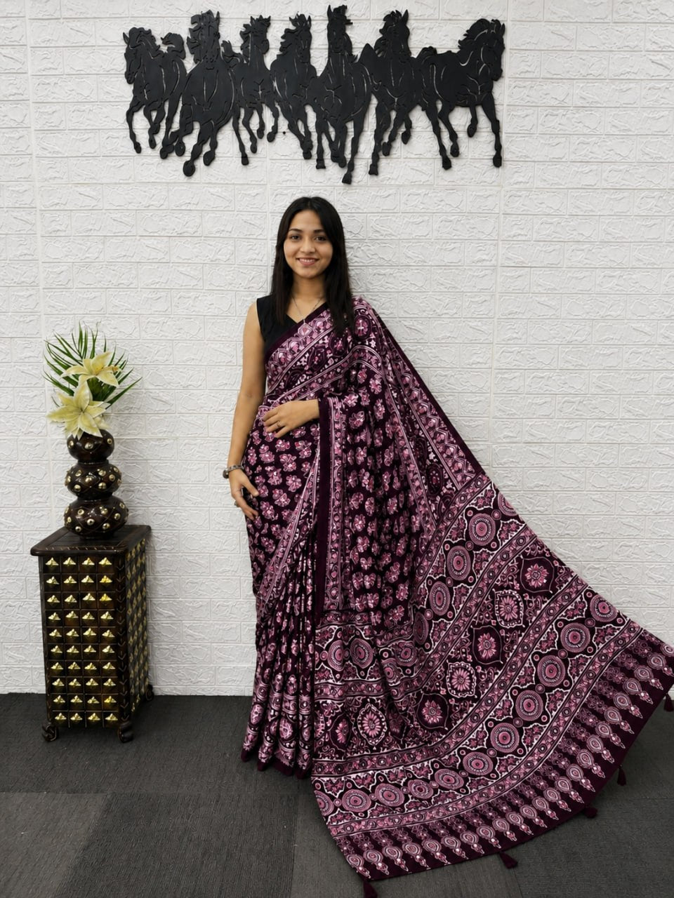 Wine Purple Japan Satin Printed Saree with Real Mirror Work & Azrakh Border