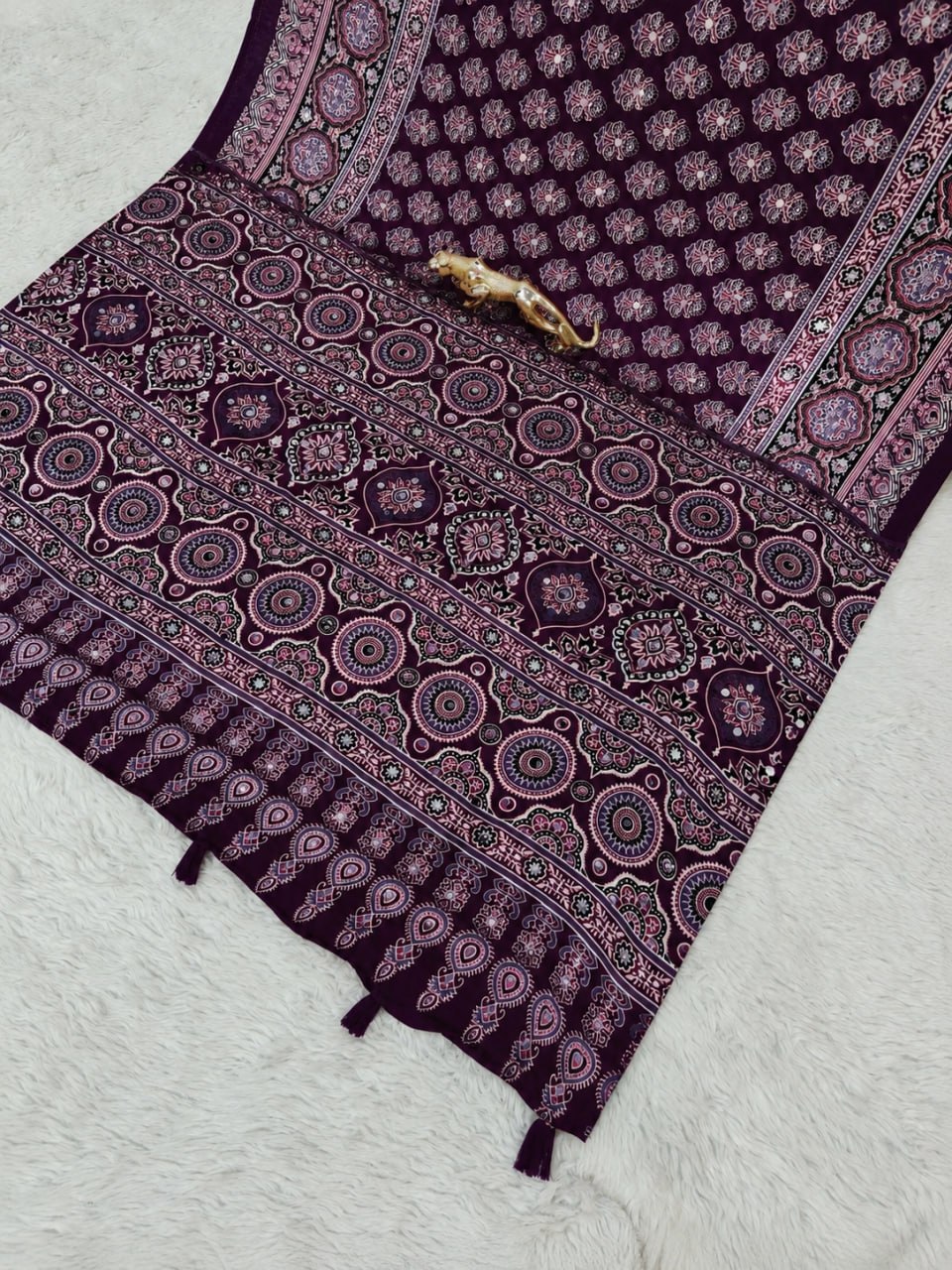 Wine Purple Japan Satin Printed Saree with Real Mirror Work & Azrakh Border