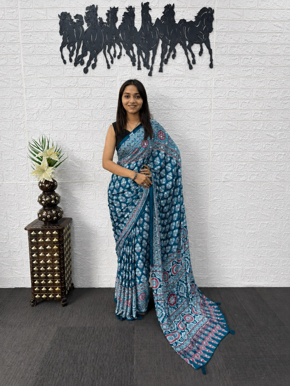 Teal Blue Japan Satin Printed Saree with Real Mirror Work & Azrakh Border