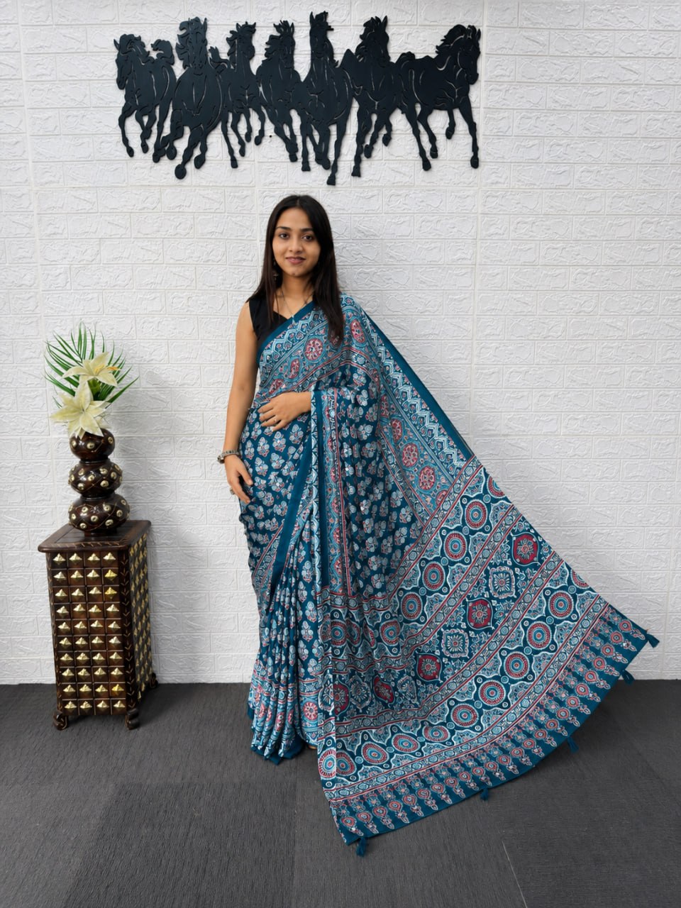Teal Blue Japan Satin Printed Saree with Real Mirror Work & Azrakh Border