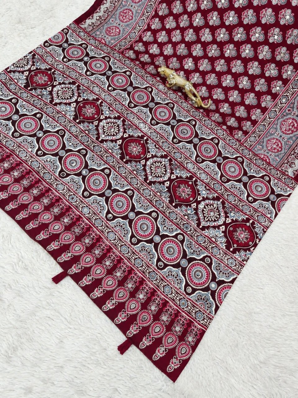 Maroon Japan Satin Printed Saree with Real Mirror Work & Azrakh Border