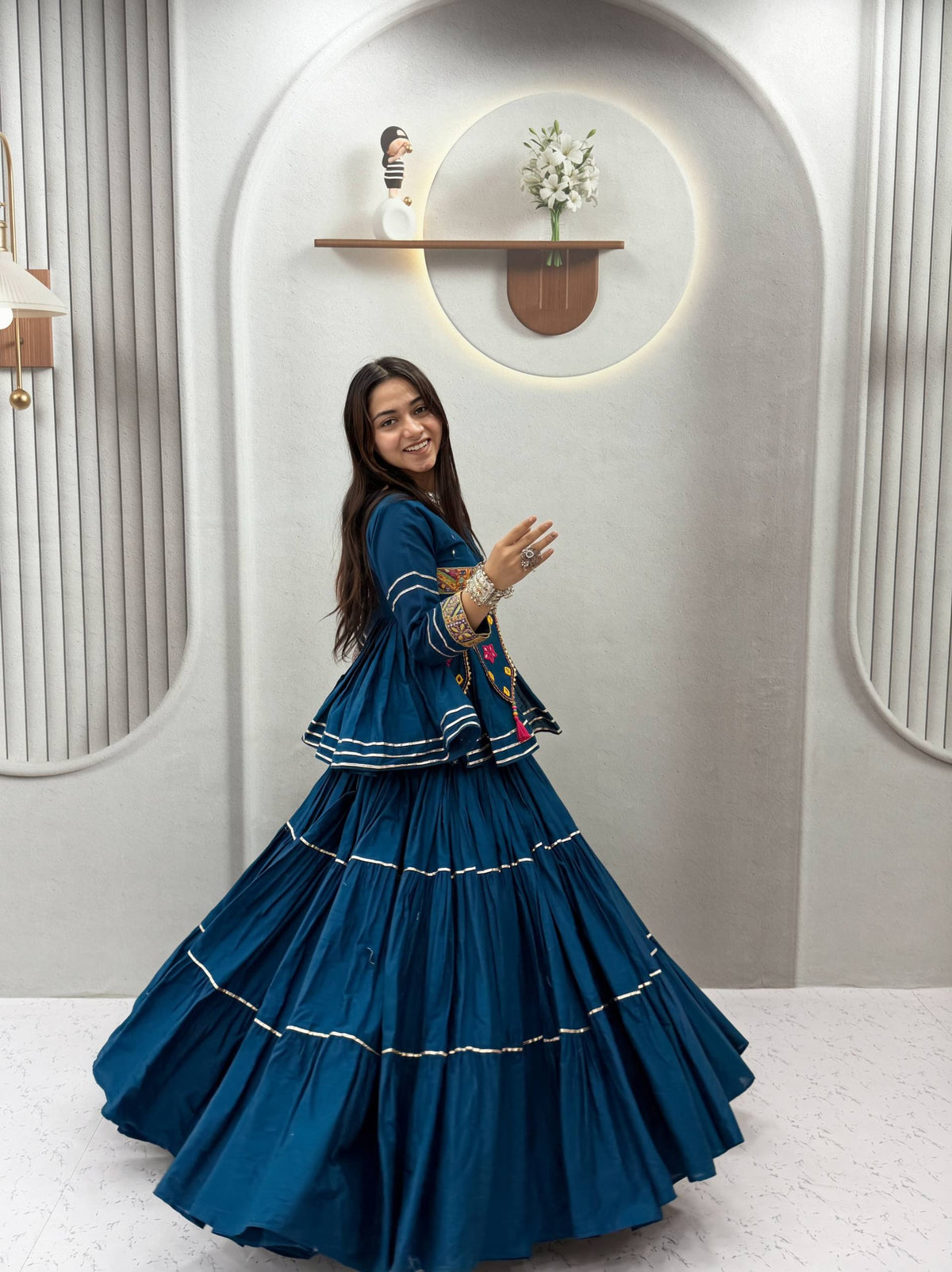 Royal Teal Blue Pure Cotton Handwork Koti Lehenga Choli Set with 9 Meter Flair