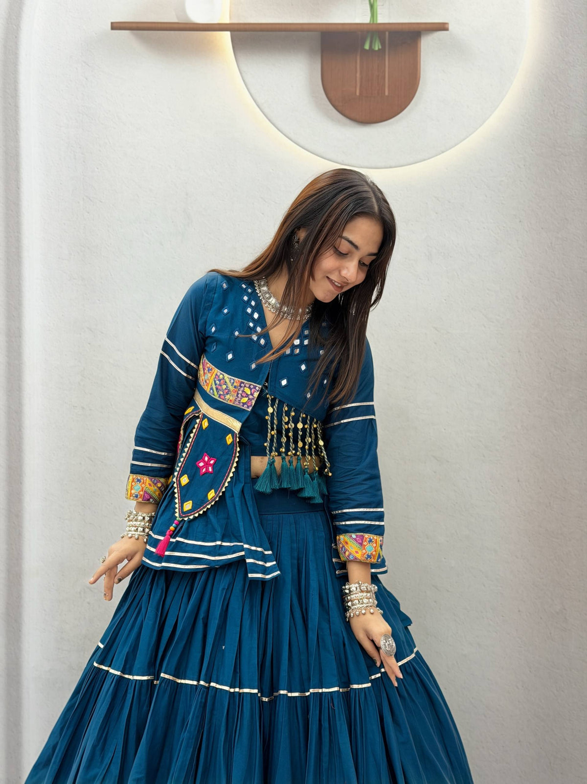 Royal Teal Blue Pure Cotton Handwork Koti Lehenga Choli Set with 9 Meter Flair