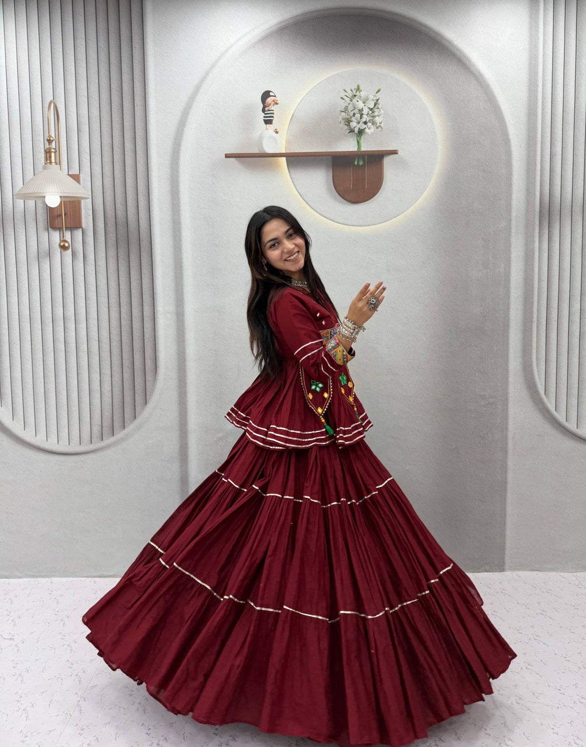 Wine Maroon Pure Cotton Handwork Koti Lehenga Choli Set with 9 Meter Flair