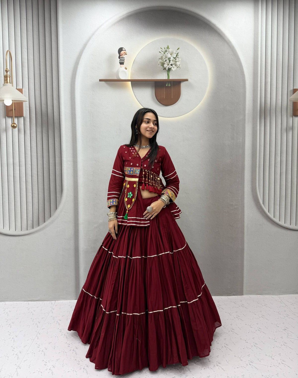 Wine Maroon Pure Cotton Handwork Koti Lehenga Choli Set with 9 Meter Flair