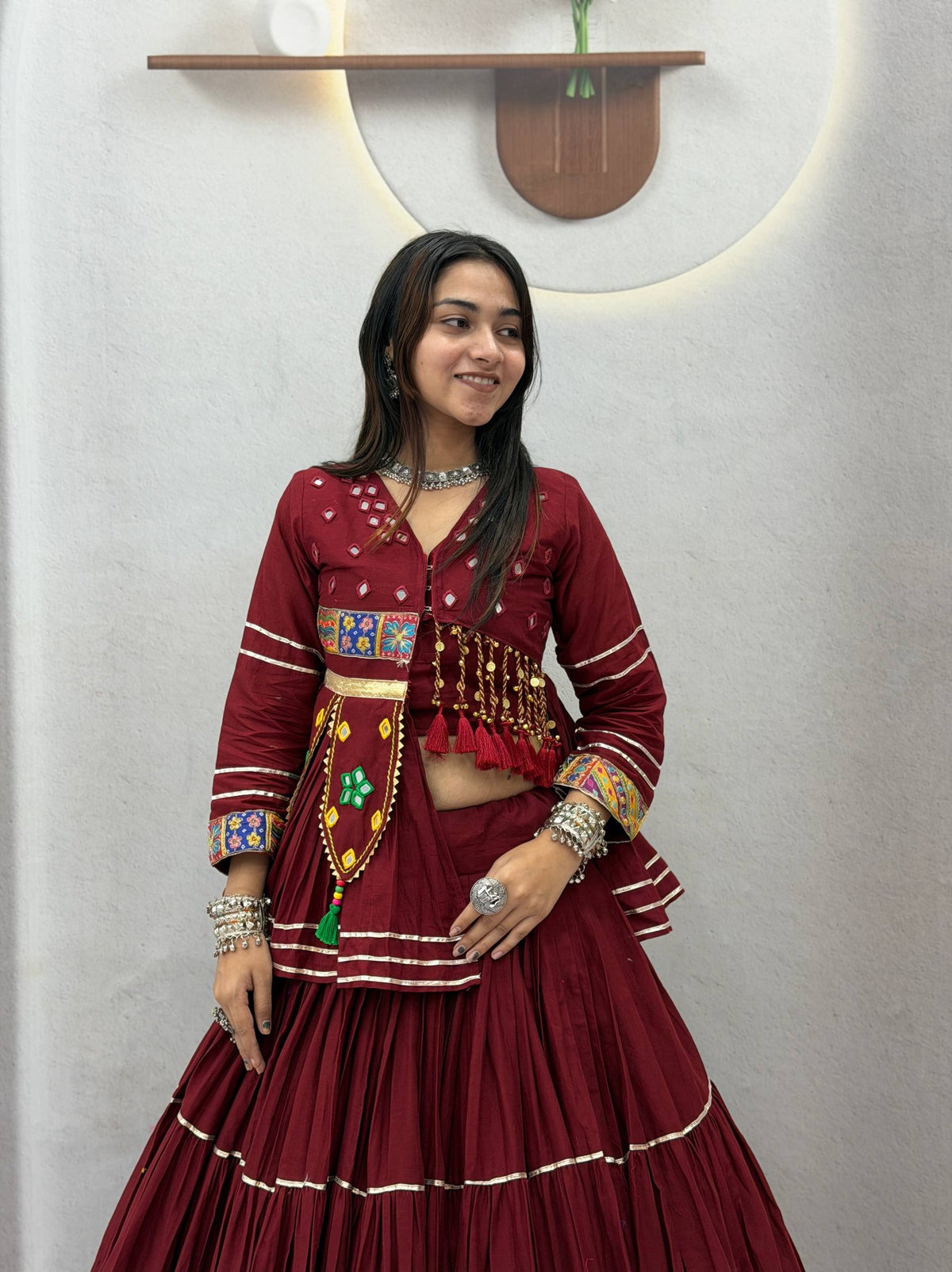 Wine Maroon Pure Cotton Handwork Koti Lehenga Choli Set with 9 Meter Flair