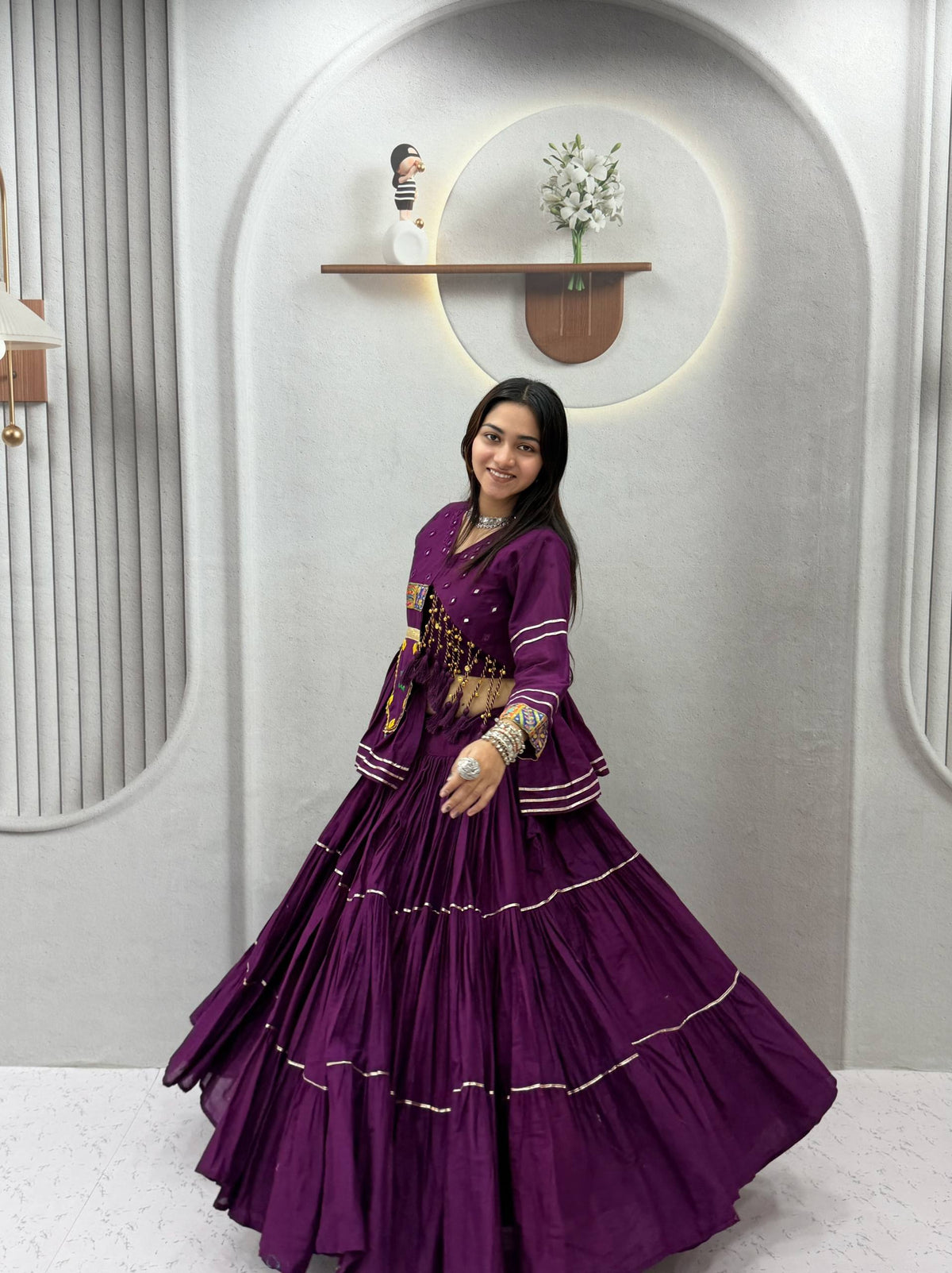 Royal Purple Pure Cotton Handwork Koti Lehenga Choli Set with 9 Meter Flair