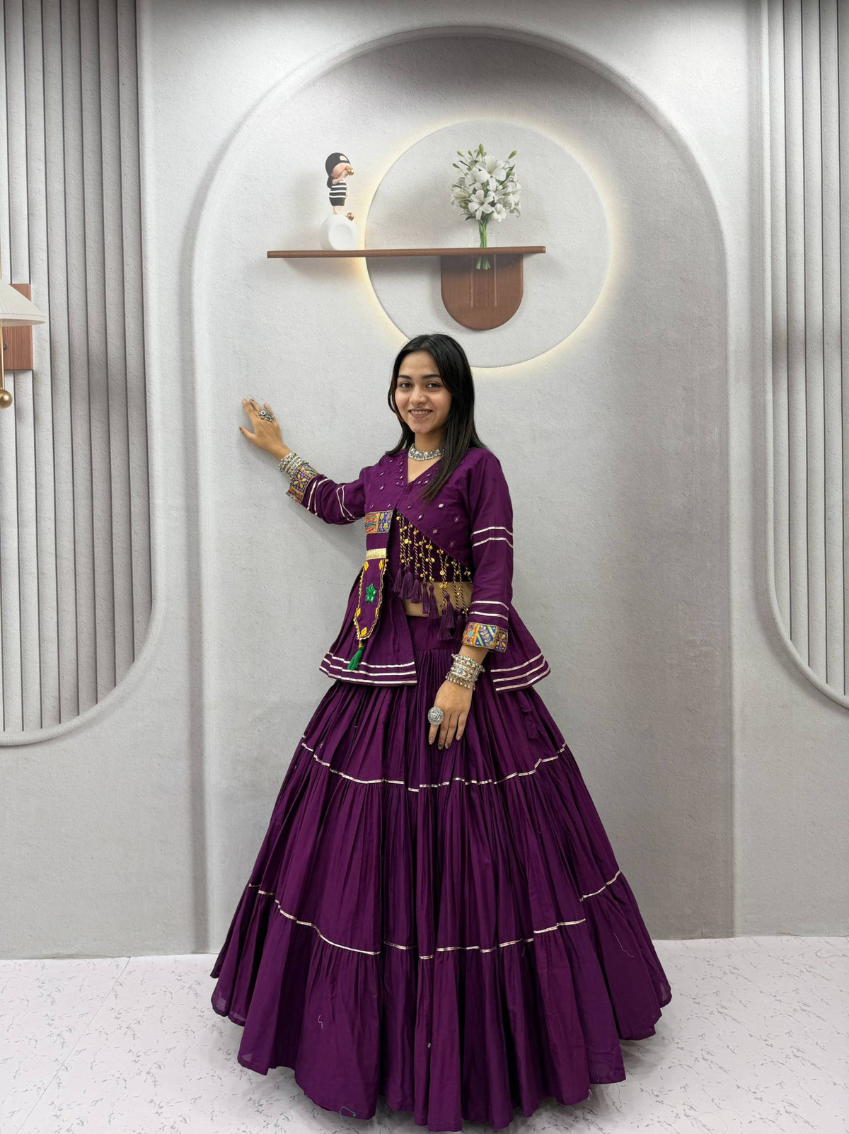 Royal Purple Pure Cotton Handwork Koti Lehenga Choli Set with 9 Meter Flair