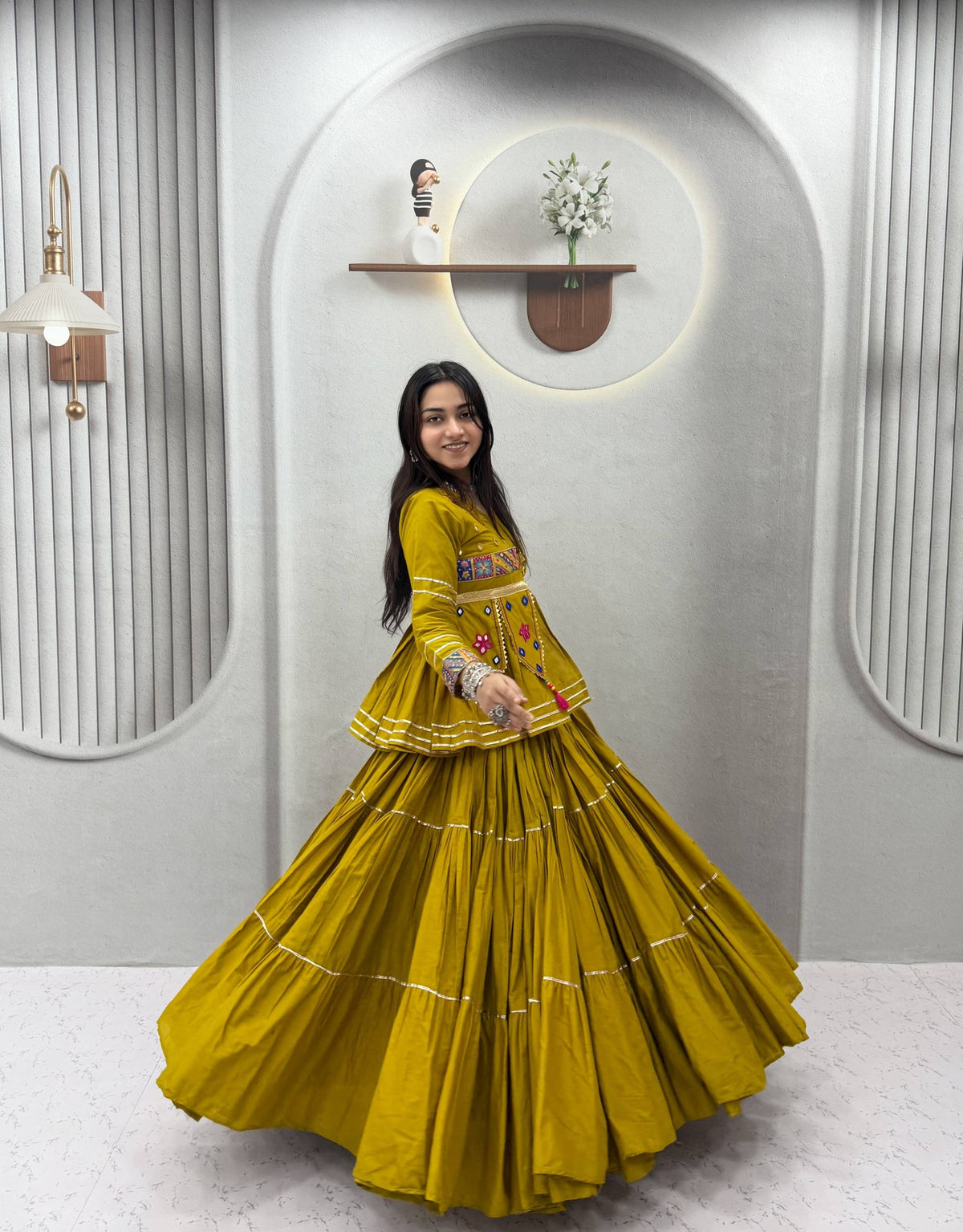 Mustard Yellow Pure Cotton Handwork Koti Lehenga Choli Set with 9 Meter Flair