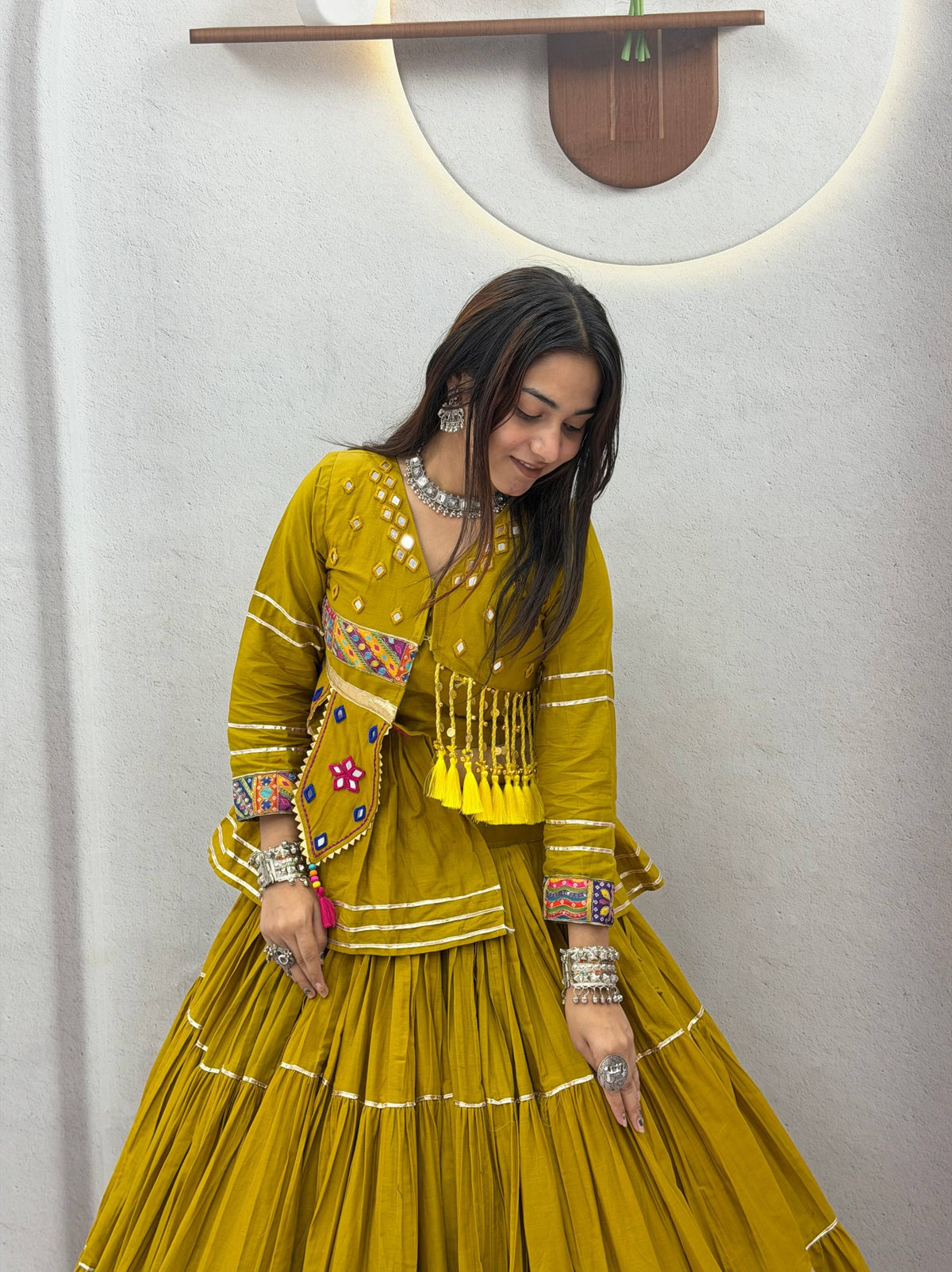 Mustard Yellow Pure Cotton Handwork Koti Lehenga Choli Set with 9 Meter Flair