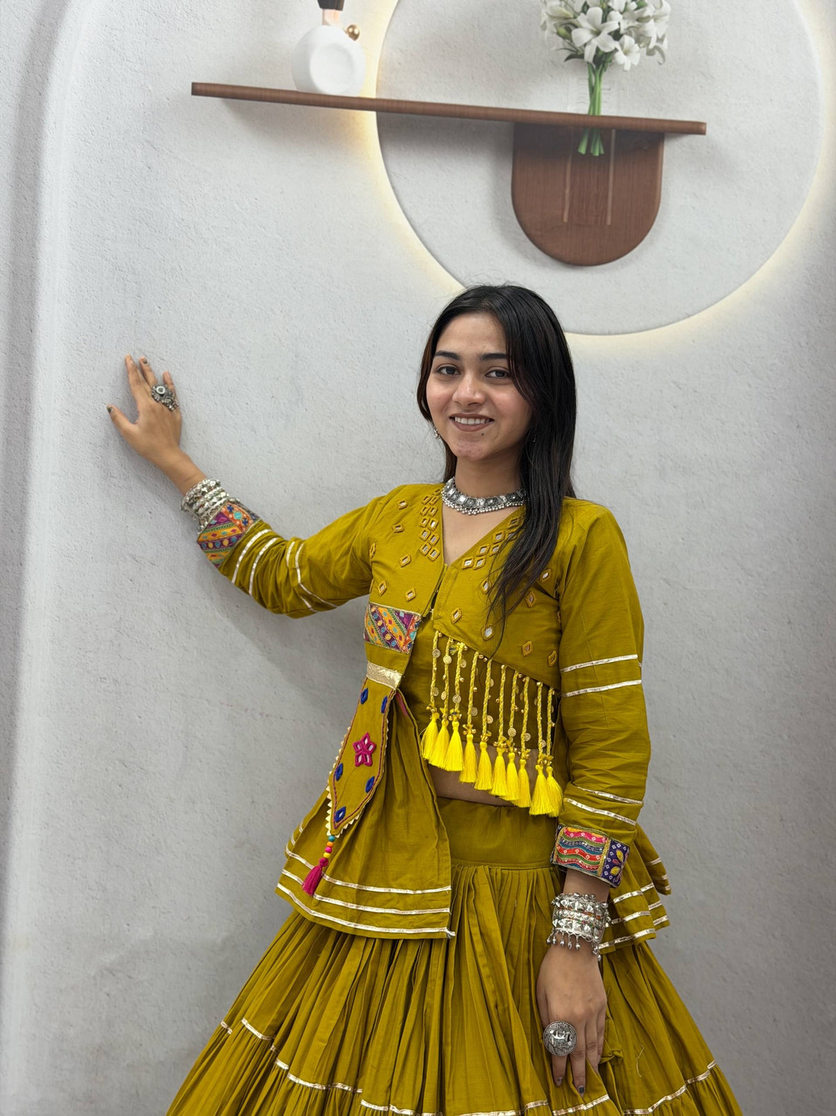 Mustard Yellow Pure Cotton Handwork Koti Lehenga Choli Set with 9 Meter Flair