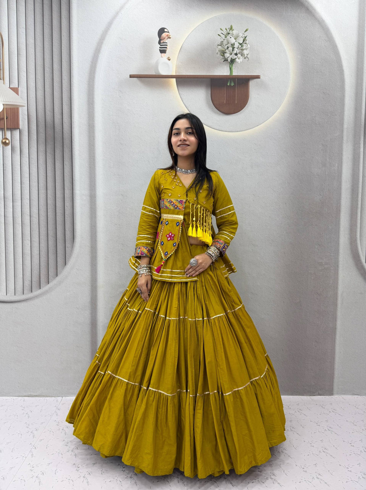 Mustard Yellow Pure Cotton Handwork Koti Lehenga Choli Set with 9 Meter Flair
