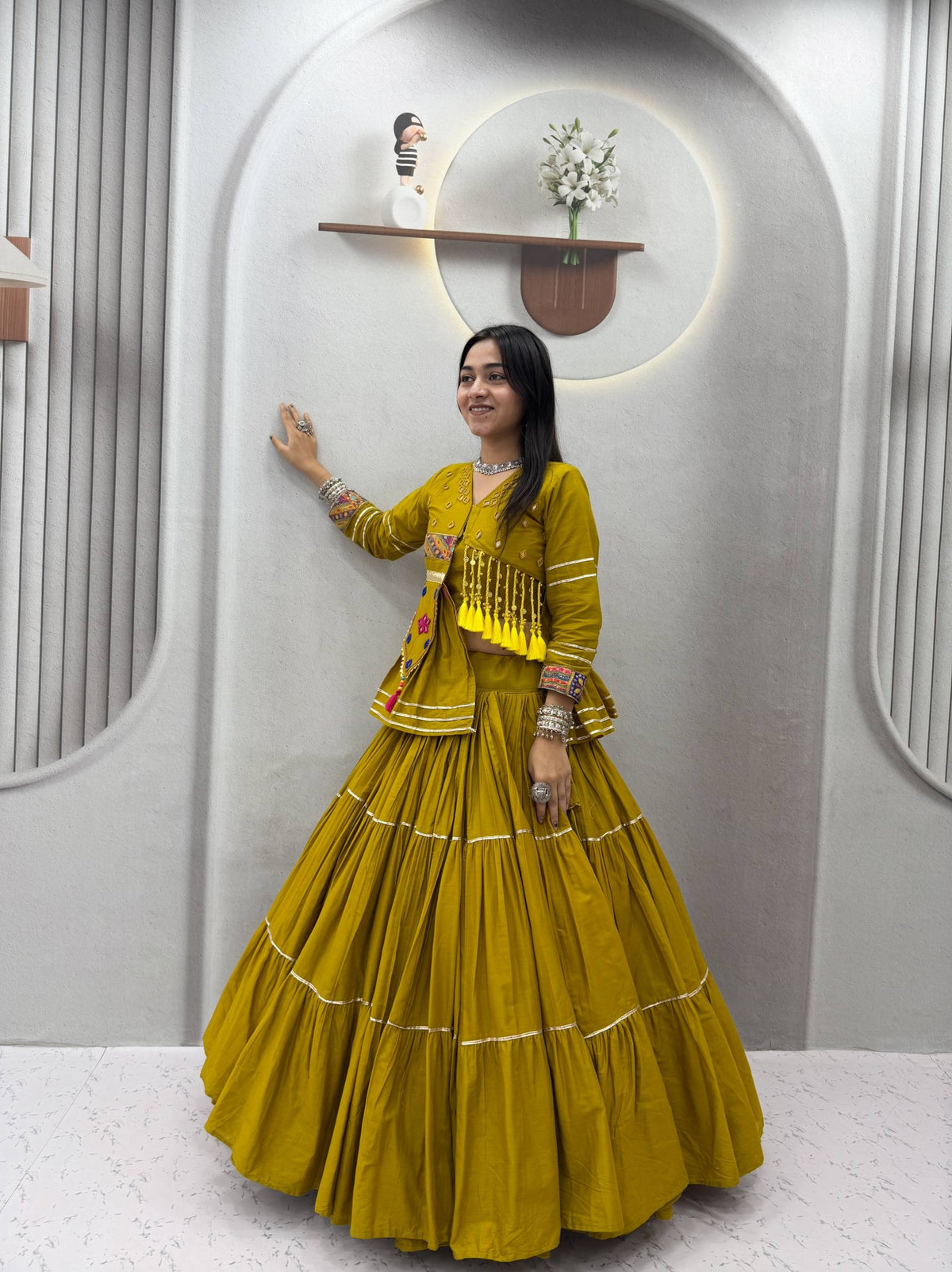 Mustard Yellow Pure Cotton Handwork Koti Lehenga Choli Set with 9 Meter Flair