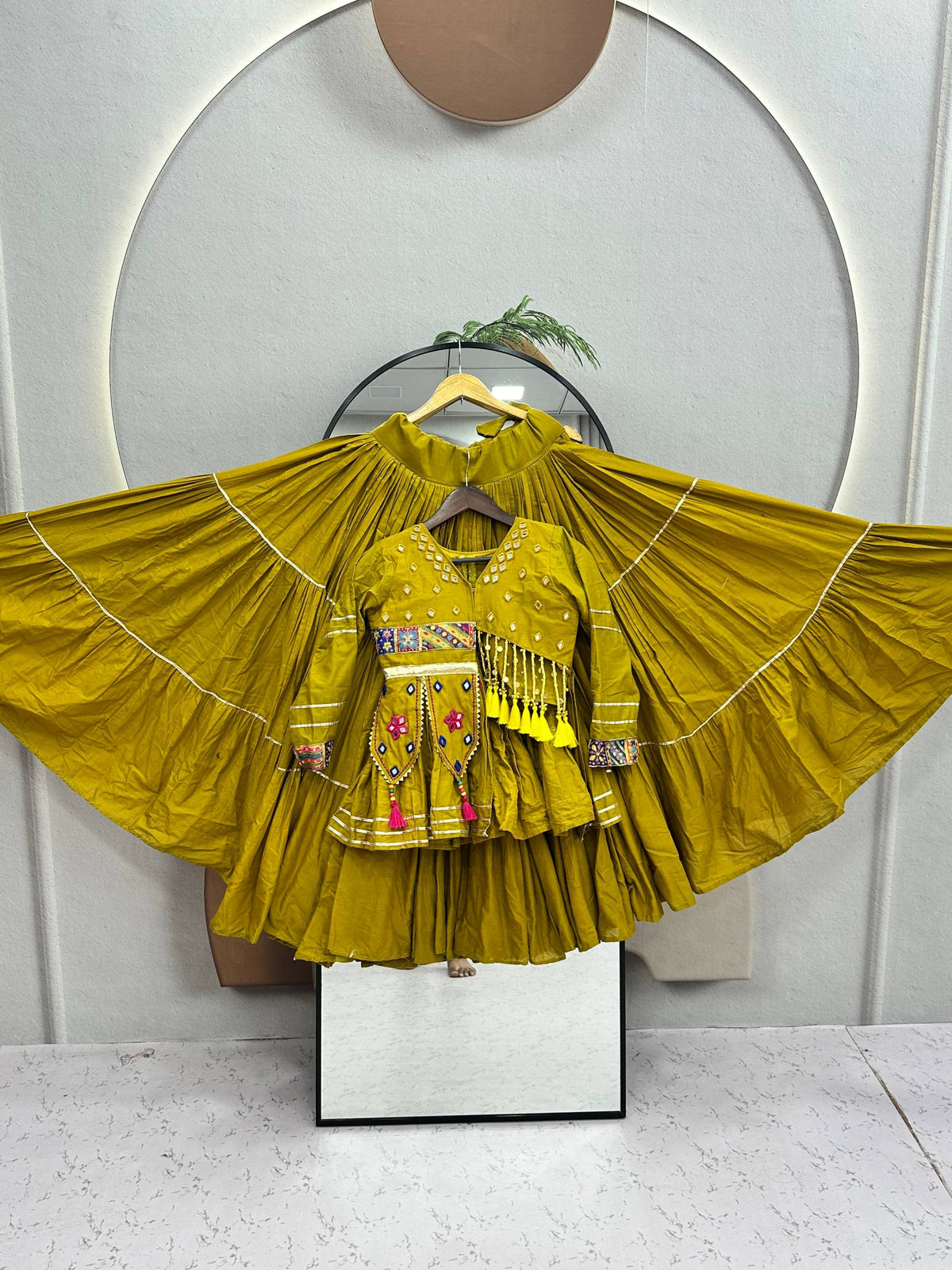 Mustard Yellow Pure Cotton Handwork Koti Lehenga Choli Set with 9 Meter Flair