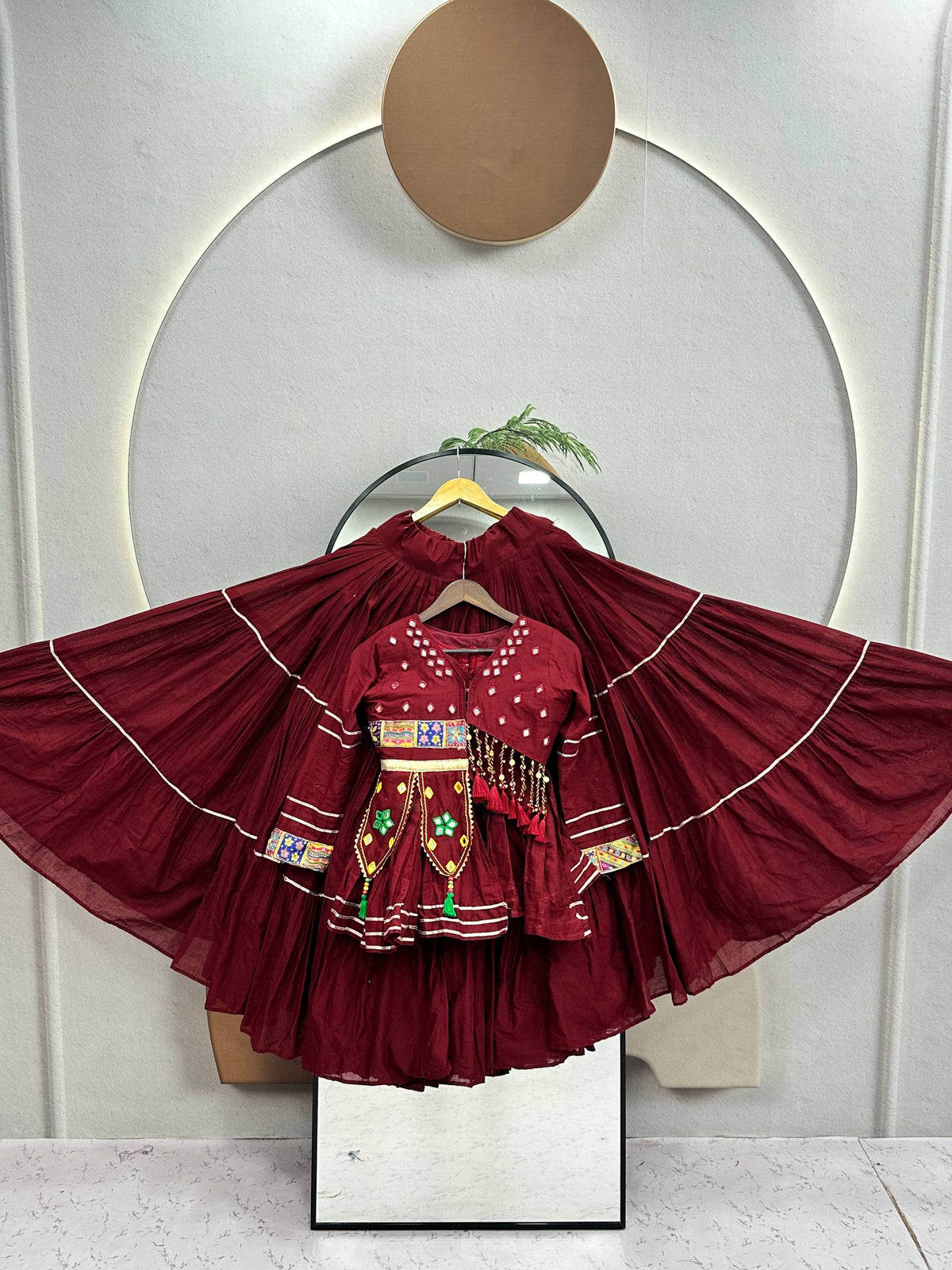Wine Maroon Pure Cotton Handwork Koti Lehenga Choli Set with 9 Meter Flair