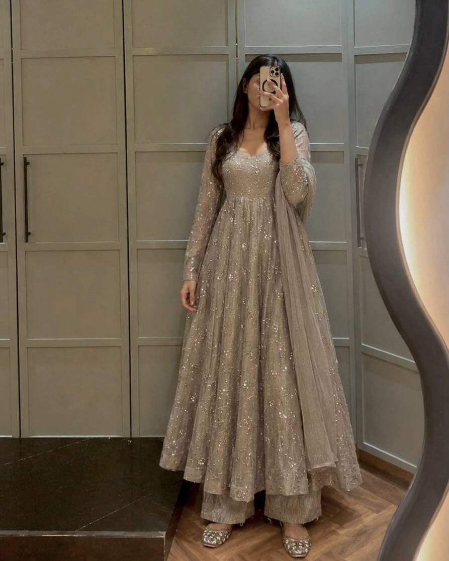 Taupe Beige Fendi Crush Embroidered Anarkali Gown Set with Dupatta