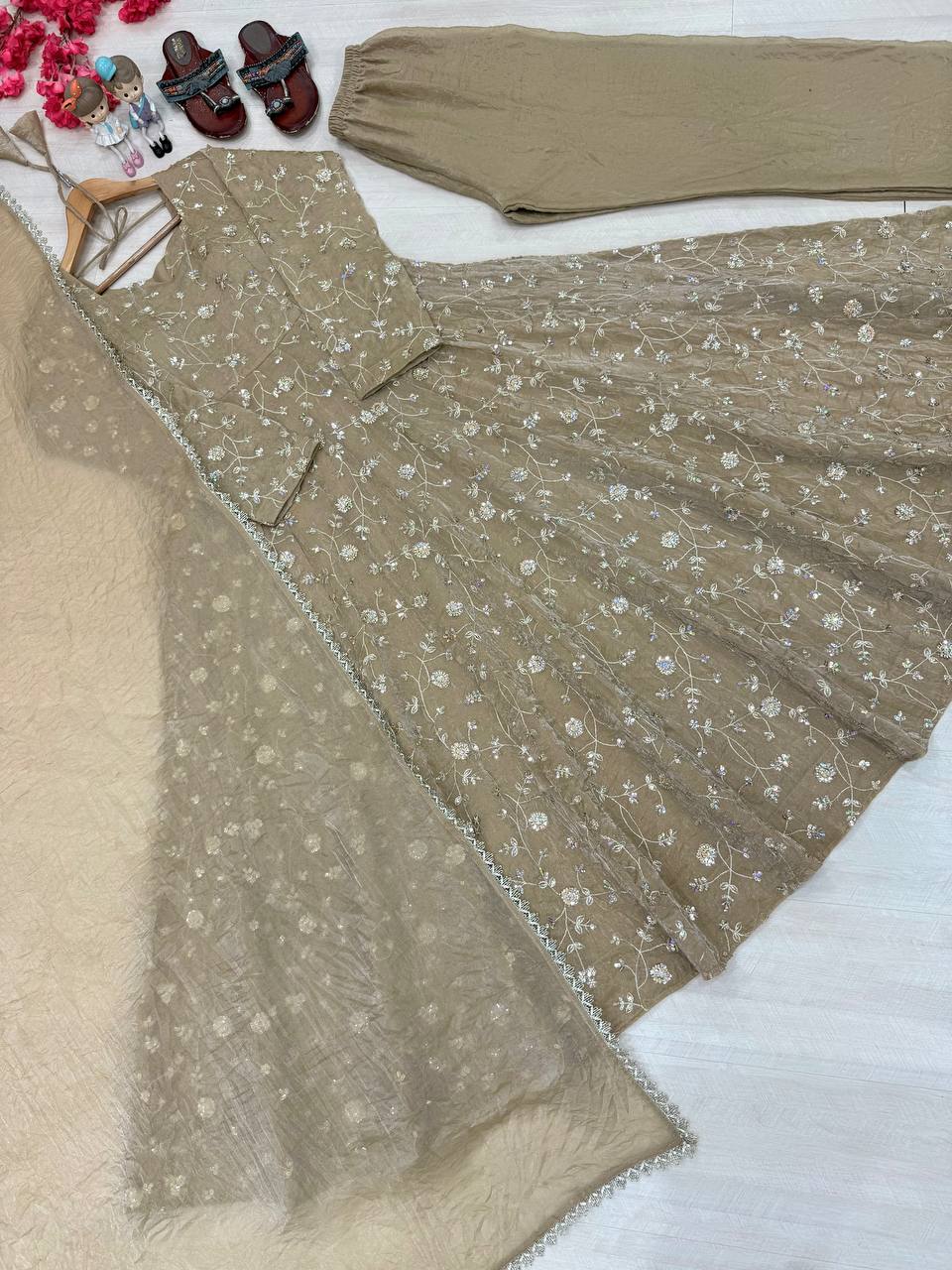 Taupe Beige Fendi Crush Embroidered Anarkali Gown Set with Dupatta