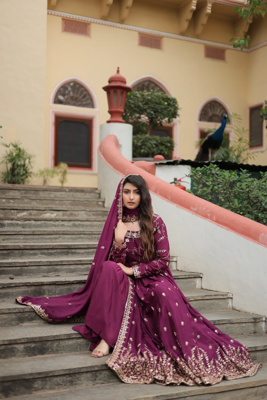 Wine Color Designer Three Piece Sharara Suit