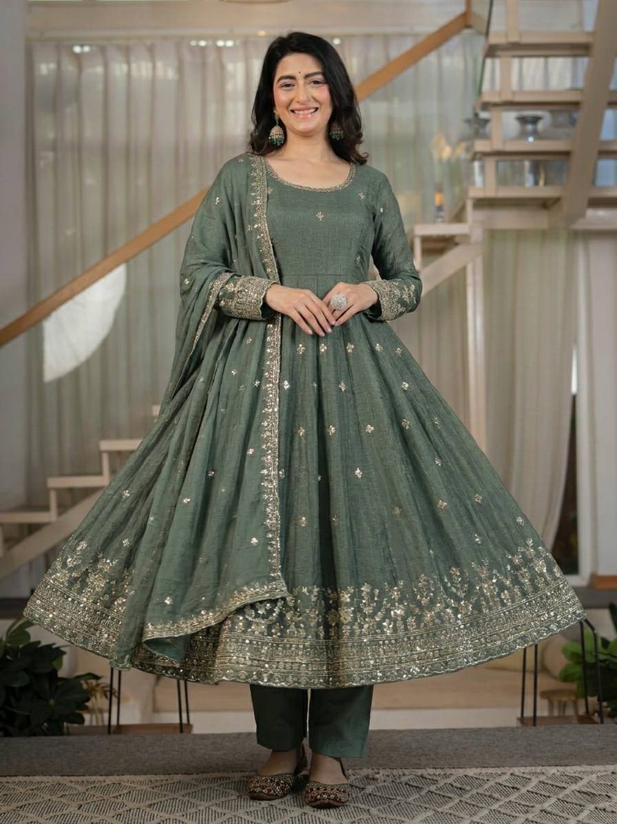 Sage Green Heavy Crunchy Silk Embroidered Anarkali Suit Set with Dupatta