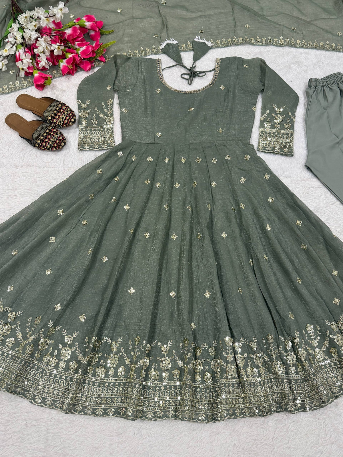 Sage Green Heavy Crunchy Silk Embroidered Anarkali Suit Set with Dupatta