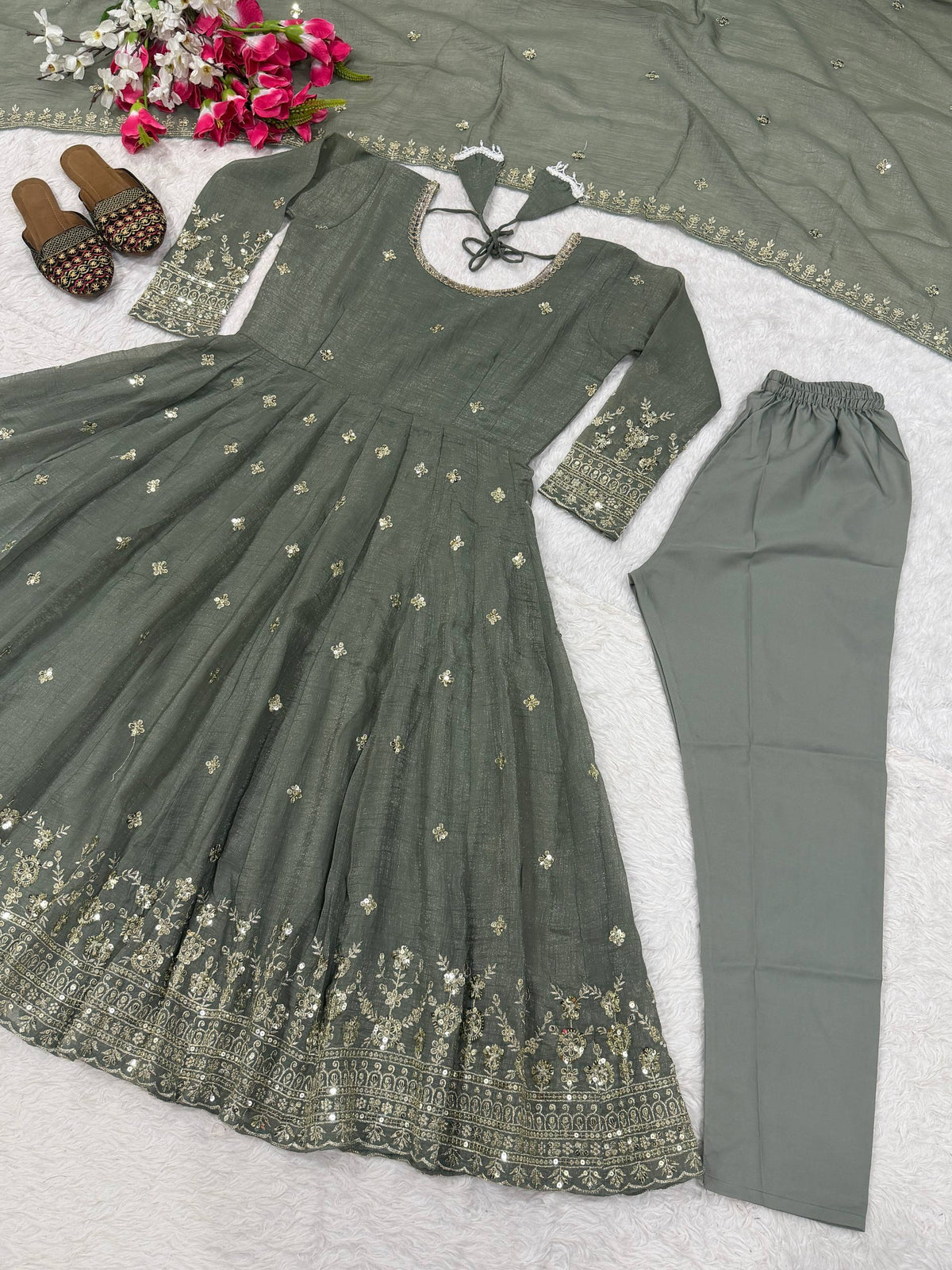 Sage Green Heavy Crunchy Silk Embroidered Anarkali Suit Set with Dupatta