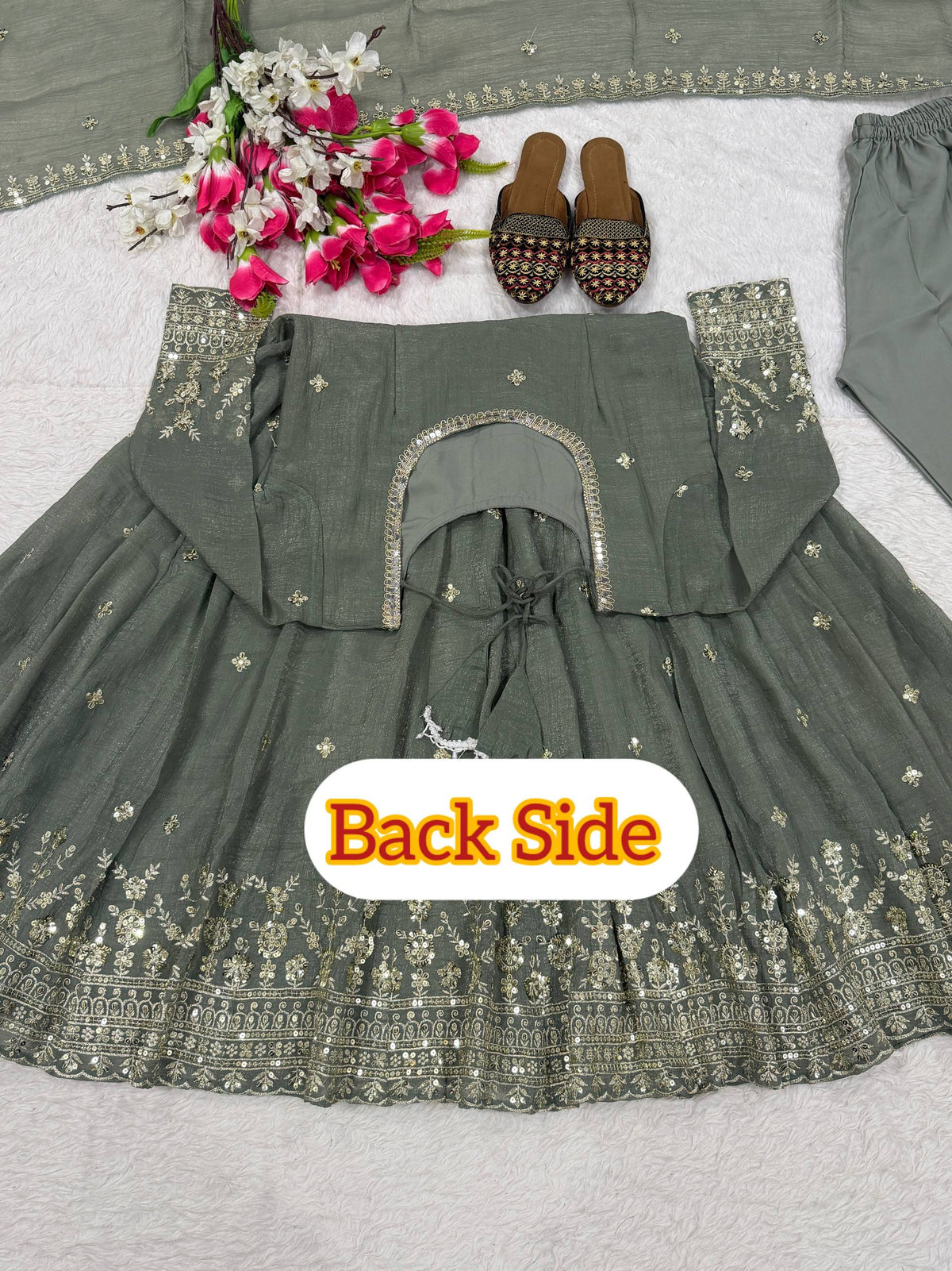 Sage Green Heavy Crunchy Silk Embroidered Anarkali Suit Set with Dupatta