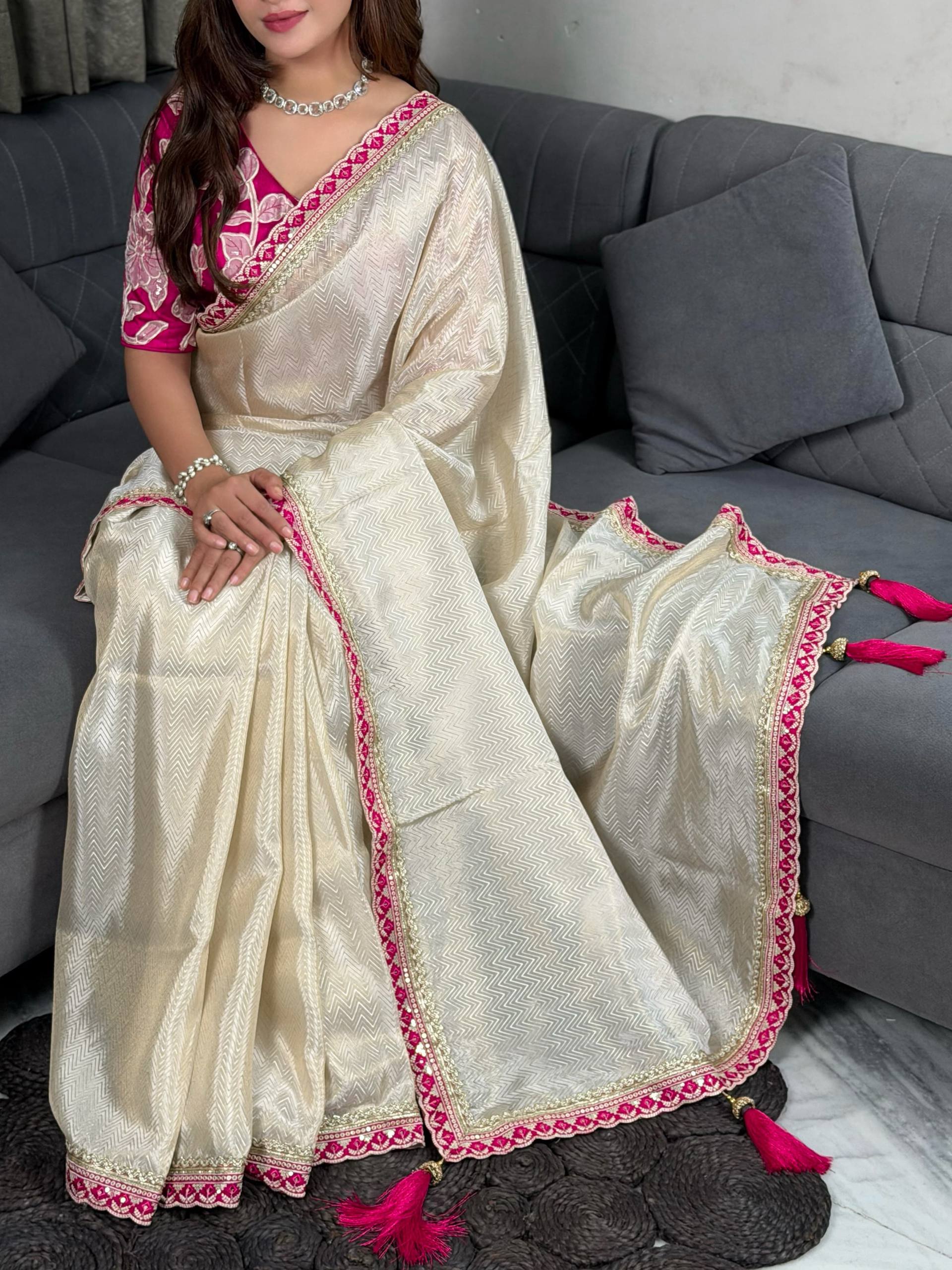 Ivory White & Rani Pink Pure Viscose Satin Saree with Floral Appliqué Blouse