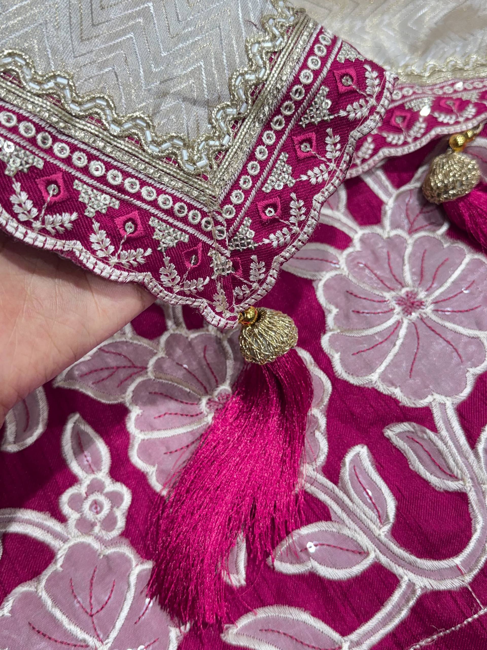 Ivory White & Rani Pink Pure Viscose Satin Saree with Floral Appliqué Blouse