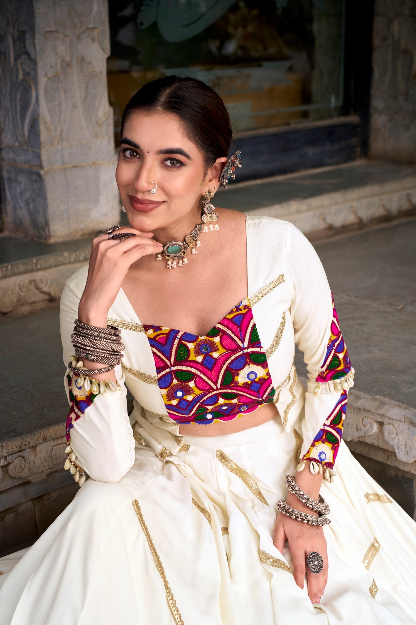 Ivory White Mirror Gamthi Work Navratri Lehenga Choli | 8 Meter Flair Garba Collection 2026