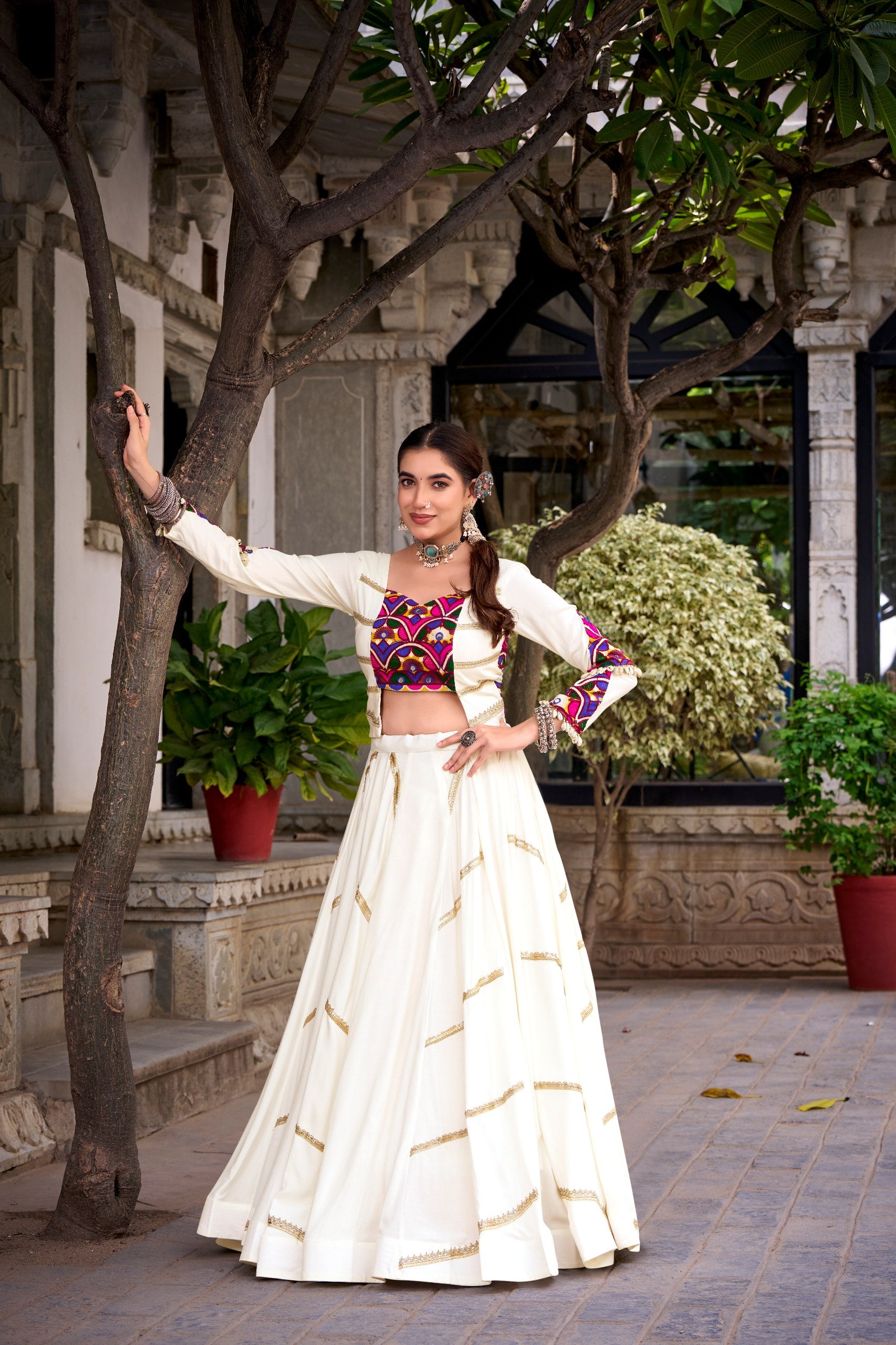 Ivory White Mirror Gamthi Work Navratri Lehenga Choli | 8 Meter Flair Garba Collection 2026