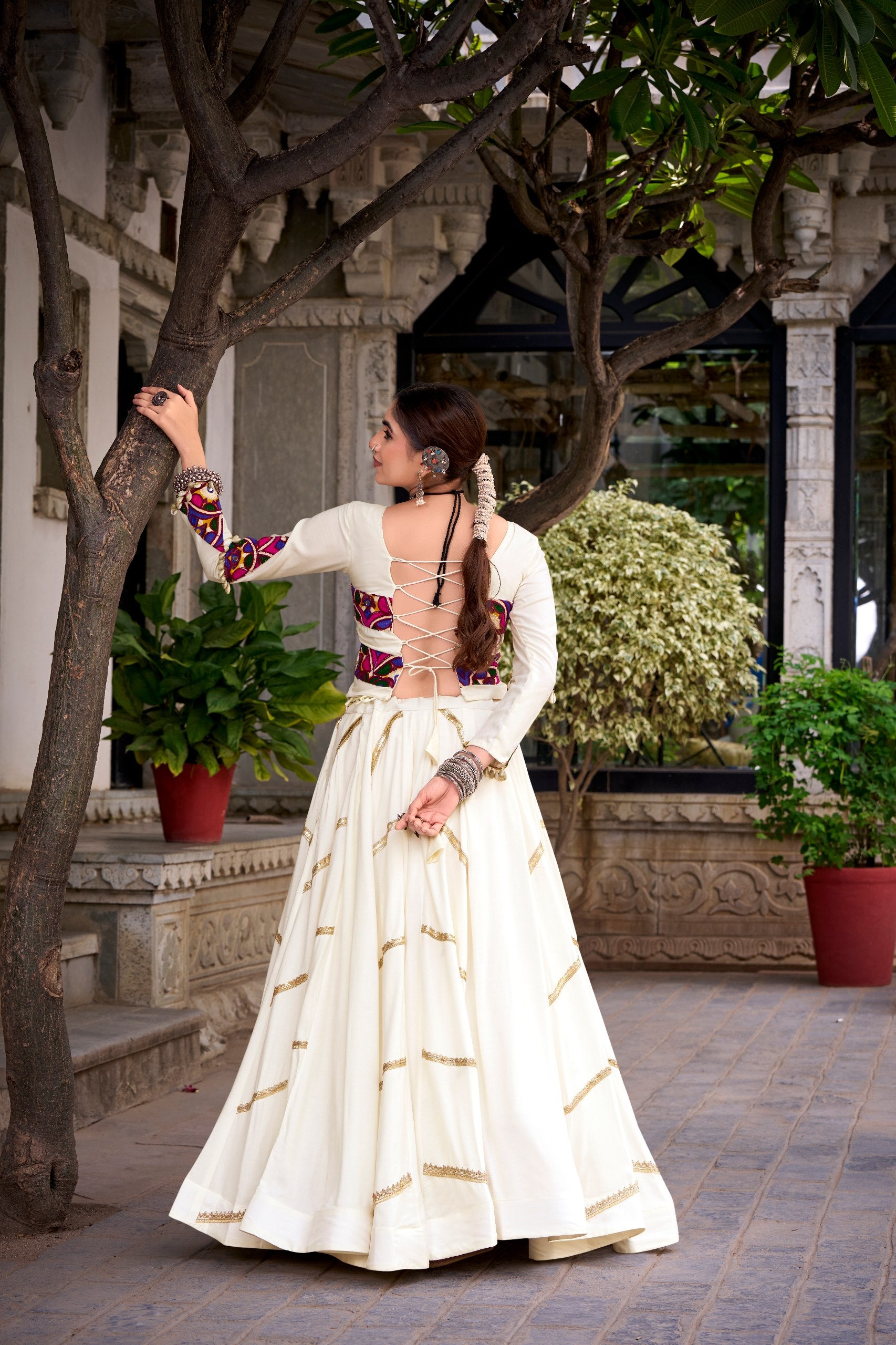Ivory White Mirror Gamthi Work Navratri Lehenga Choli | 8 Meter Flair Garba Collection 2026